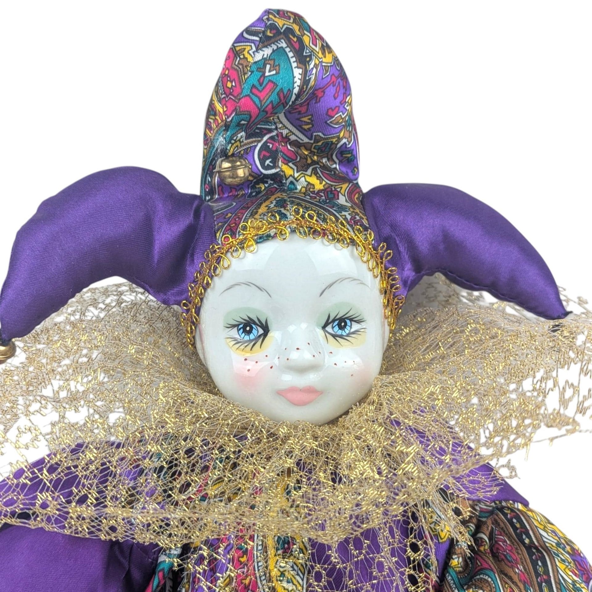 Vintage Porcelain Jester Doll Shelf Sitter, Purple Harlequin Figurine, Collectible Pierrot Clown Decor, Whimsical Mantel Display