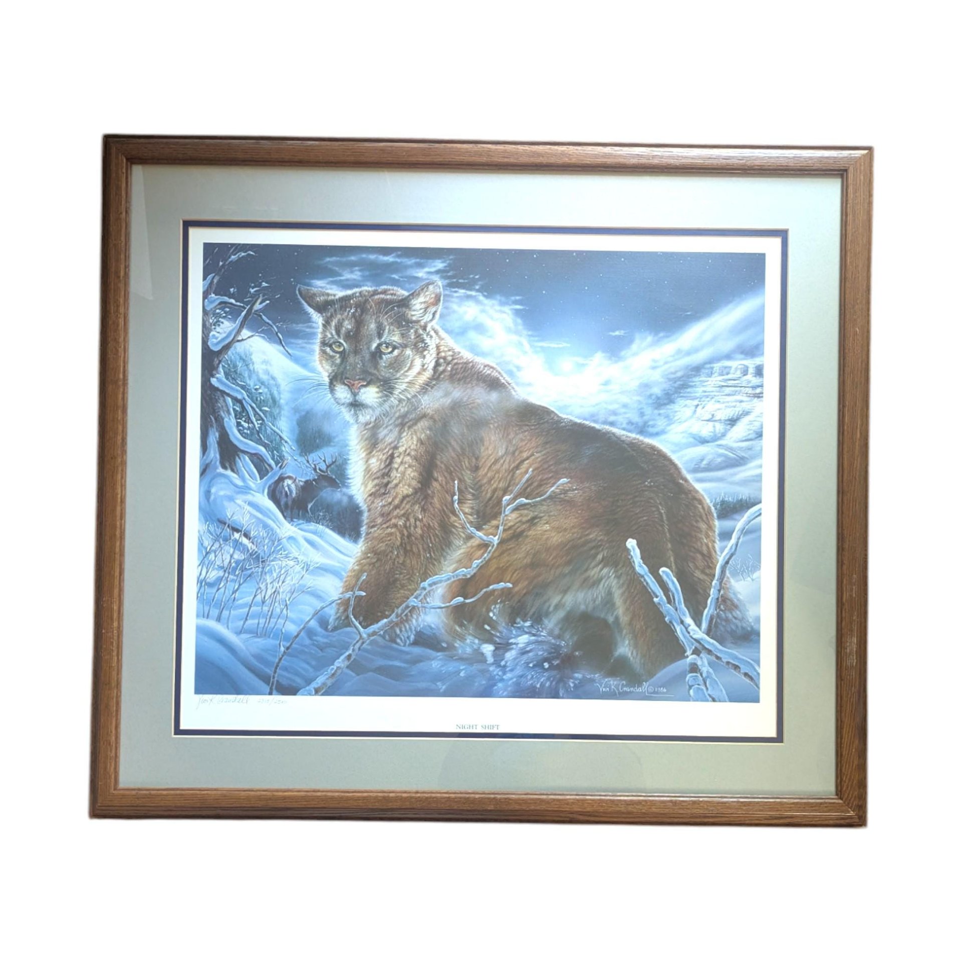 Vintage Large Jack Crandall The Night Shift Signed and Numbered Print, Framed Cougar Art, Limited Edition Wildlife Art, Mountain Lion Wall