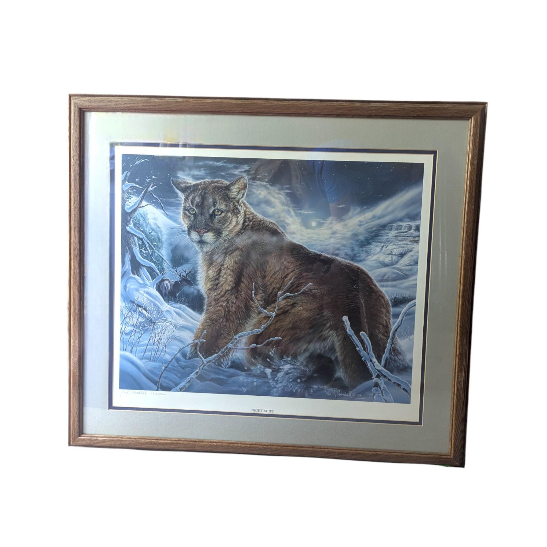Vintage Large Jack Crandall The Night Shift Signed and Numbered Print, Framed Cougar Art, Limited Edition Wildlife Art, Mountain Lion Wall
