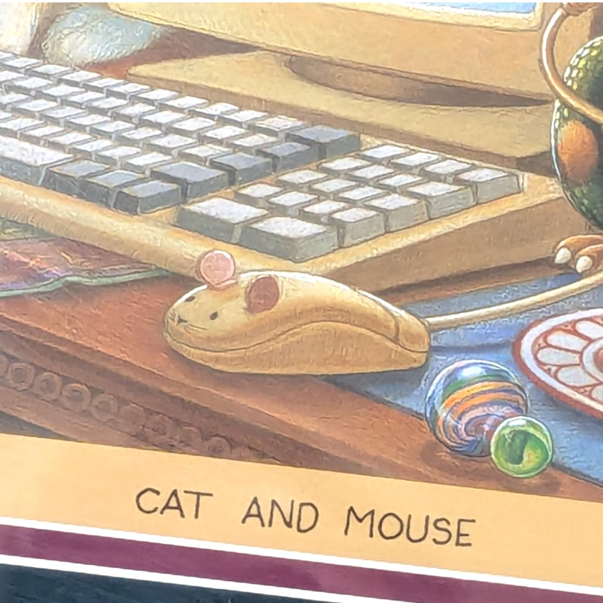 Vintage Randal Spangler Cat and Mouse Print, Framed Whimsical Fantasy Art, 90s Computer Cat Illustration, Geeky Home Office Decor