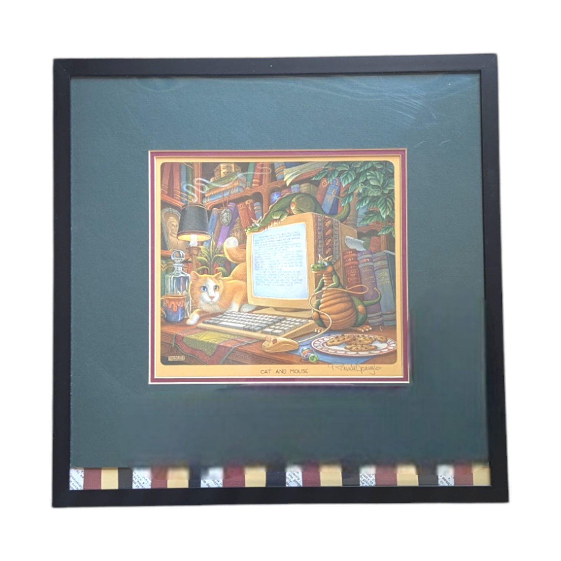 Vintage Randal Spangler Cat and Mouse Print, Framed Whimsical Fantasy Art, 90s Computer Cat Illustration, Geeky Home Office Decor