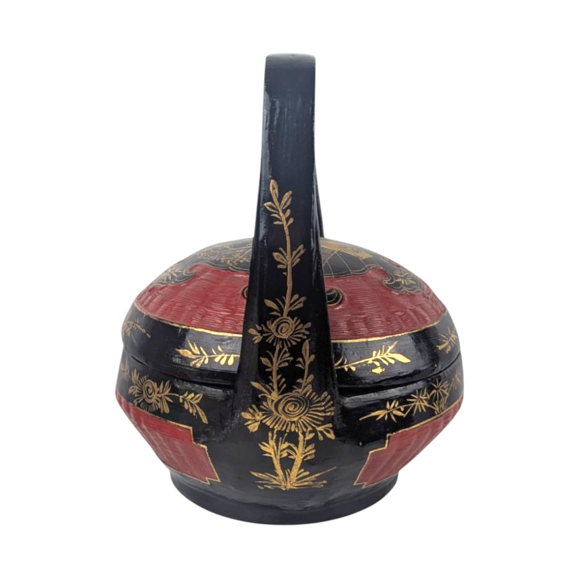 Vintage Chinese Wedding Basket: Hand-Painted Bamboo Bakul Sia