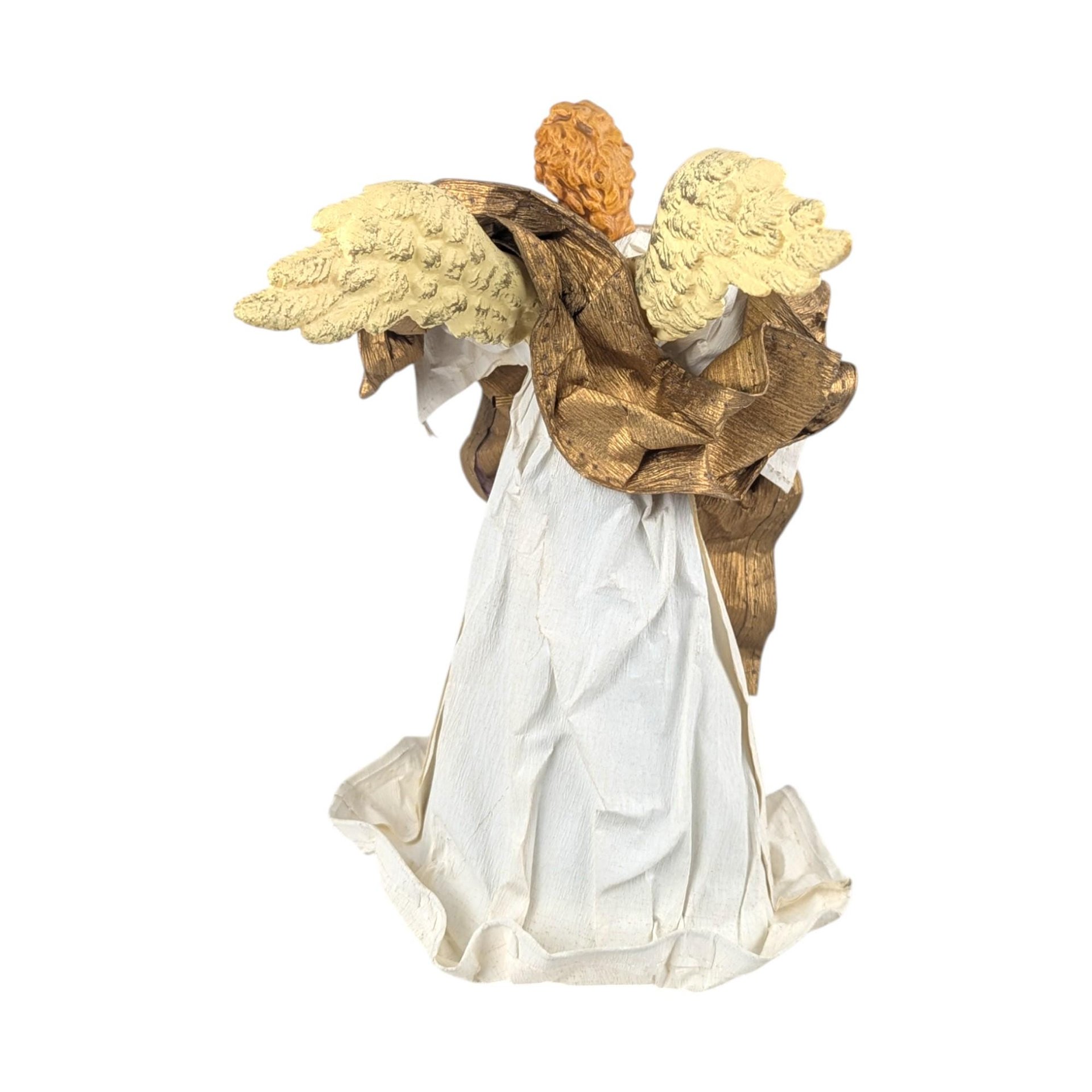 Vintage Angel Tree Topper: White and Gold Gown, Holiday Mantle Decor