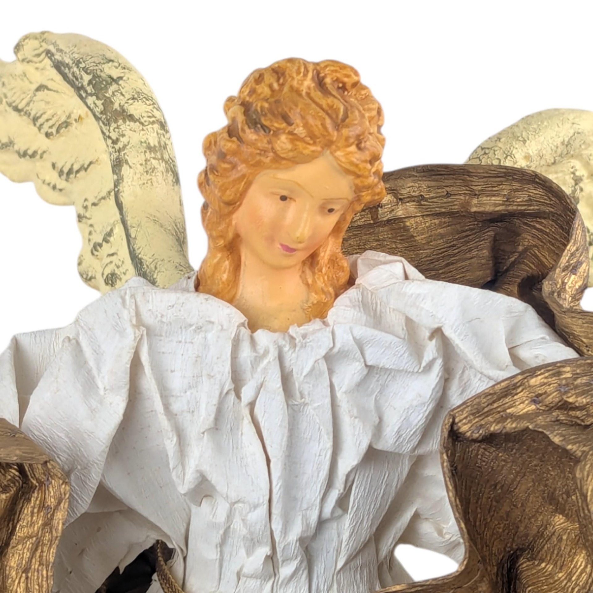 Vintage Angel Tree Topper: White and Gold Gown, Holiday Mantle Decor