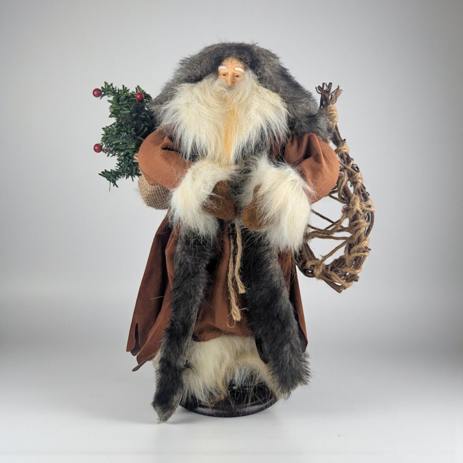 Vintage Woodland Santa Figure: Father Christmas with Faux Fur Coat, Rustic Holiday Decor