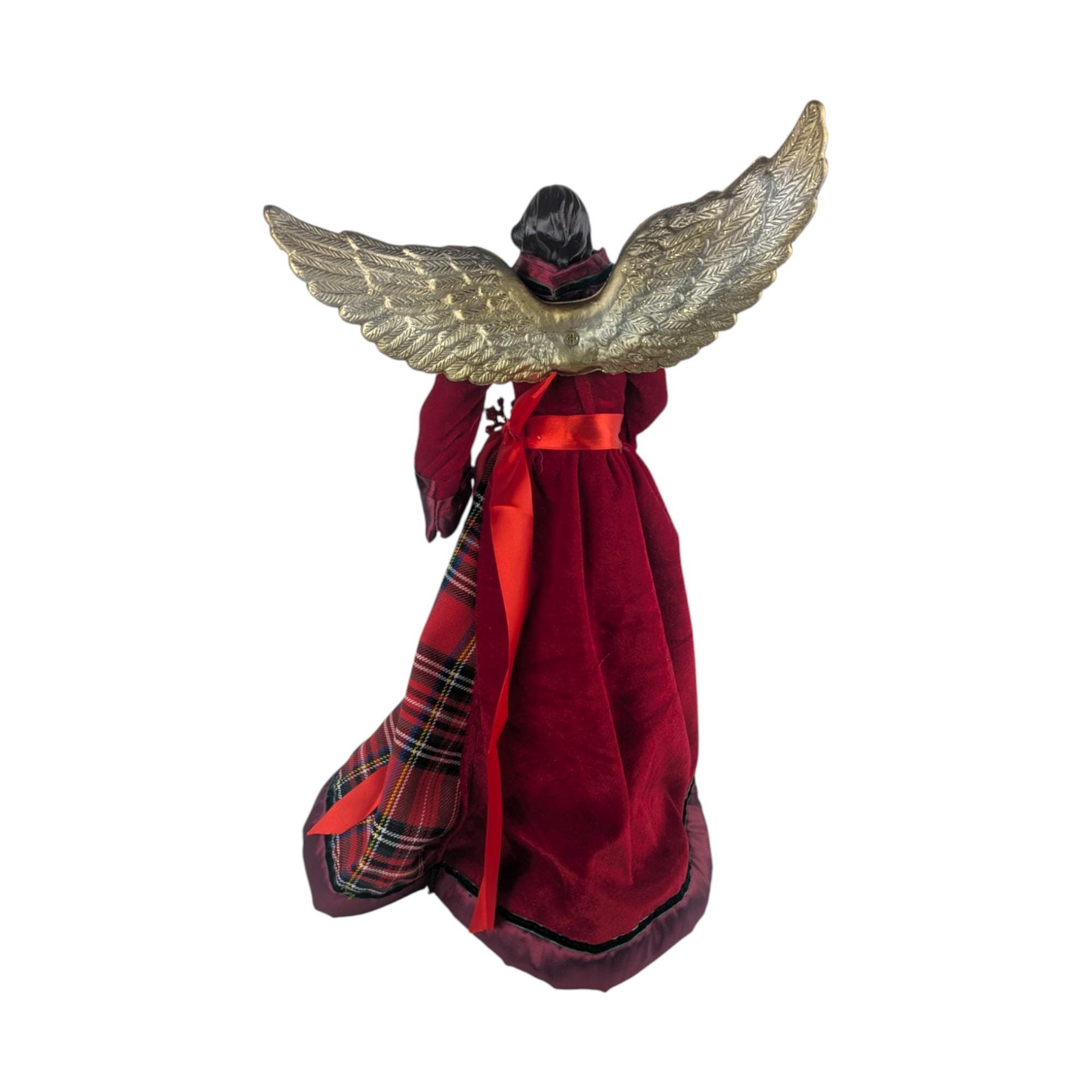 Vintage Black Angel Tree Topper: African American Figure in Red Velvet & Plaid Gown