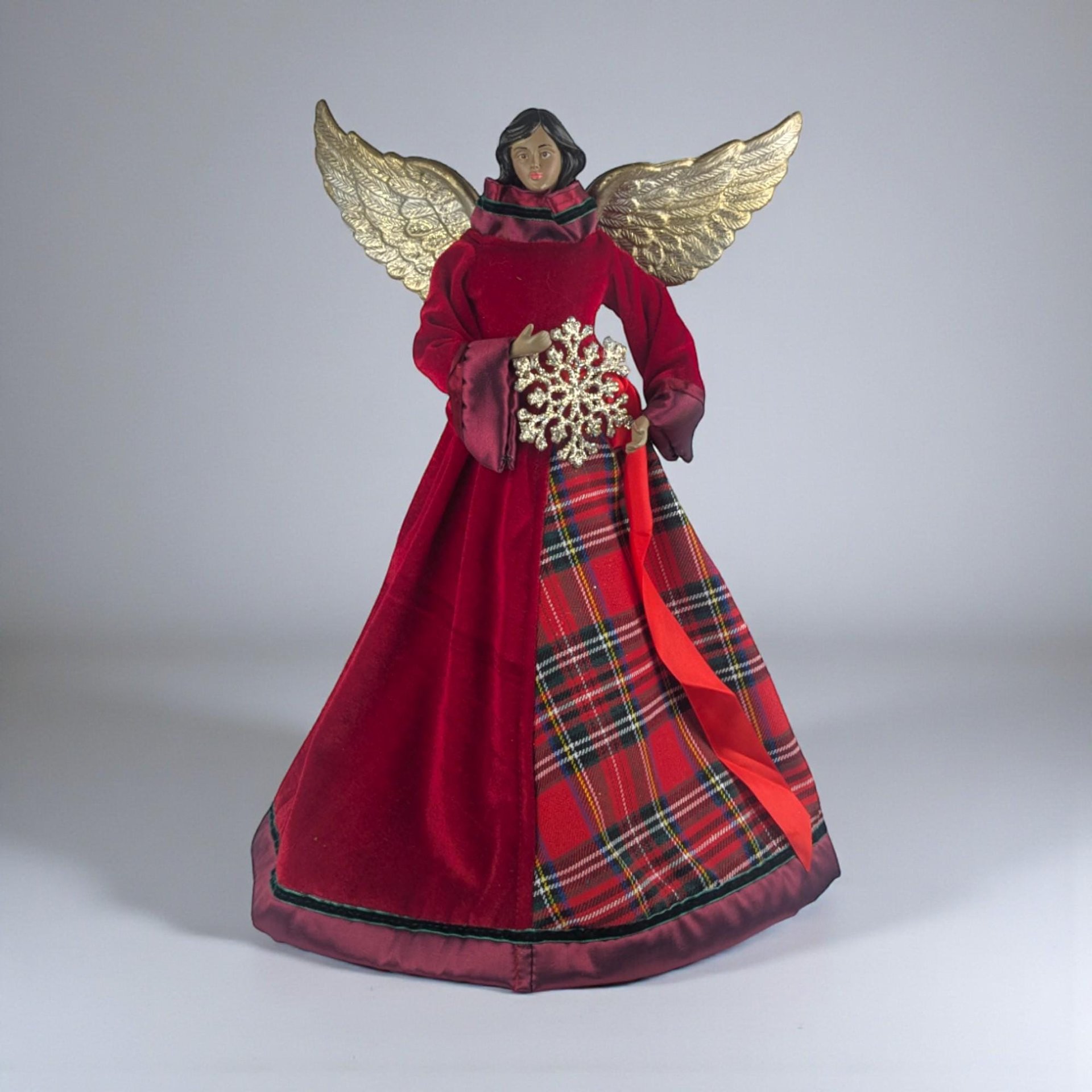 Vintage Black Angel Tree Topper: African American Figure in Red Velvet & Plaid Gown