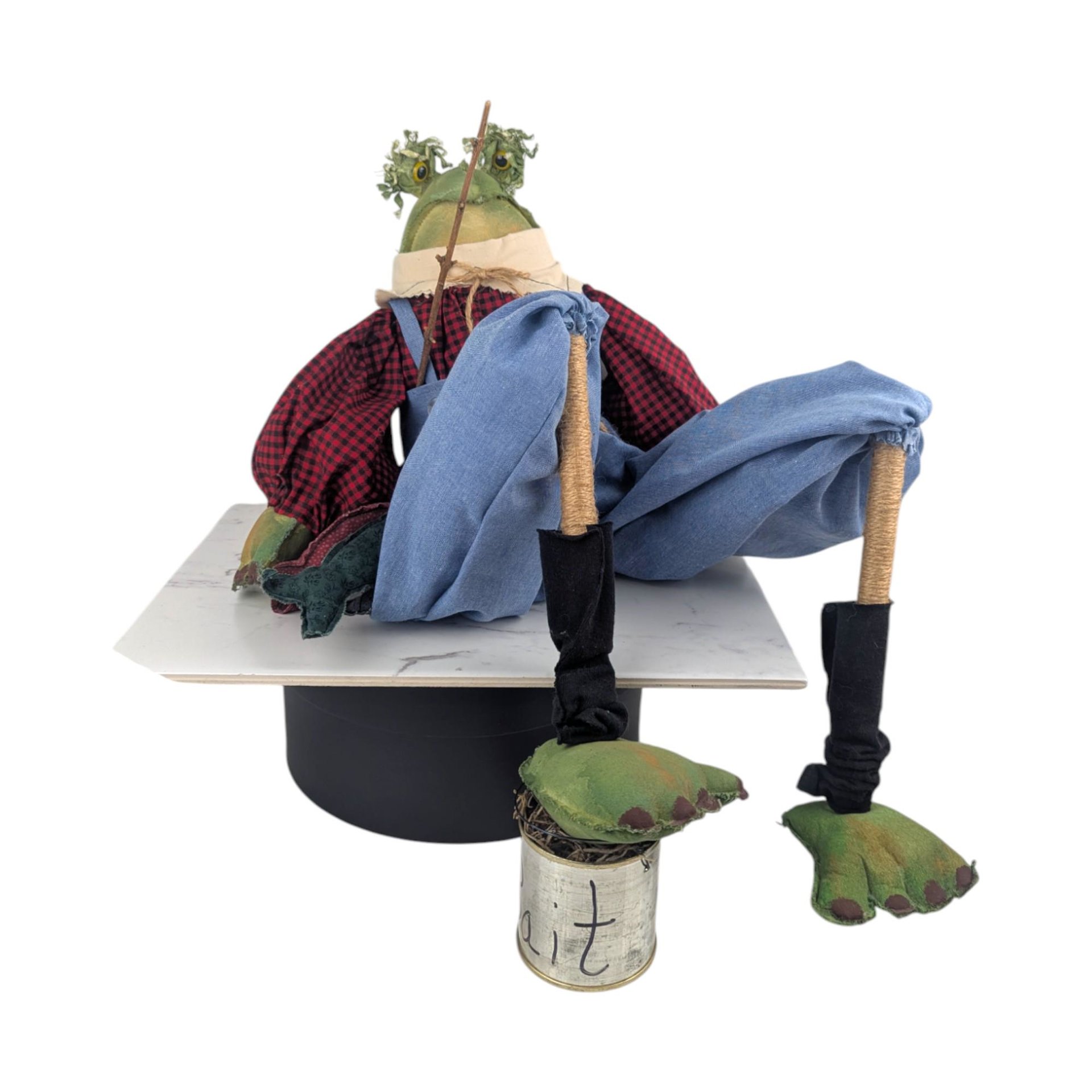 Vintage Fishing Frog Shelf Sitter: Country Folk Art Doll for Cabin Decor
