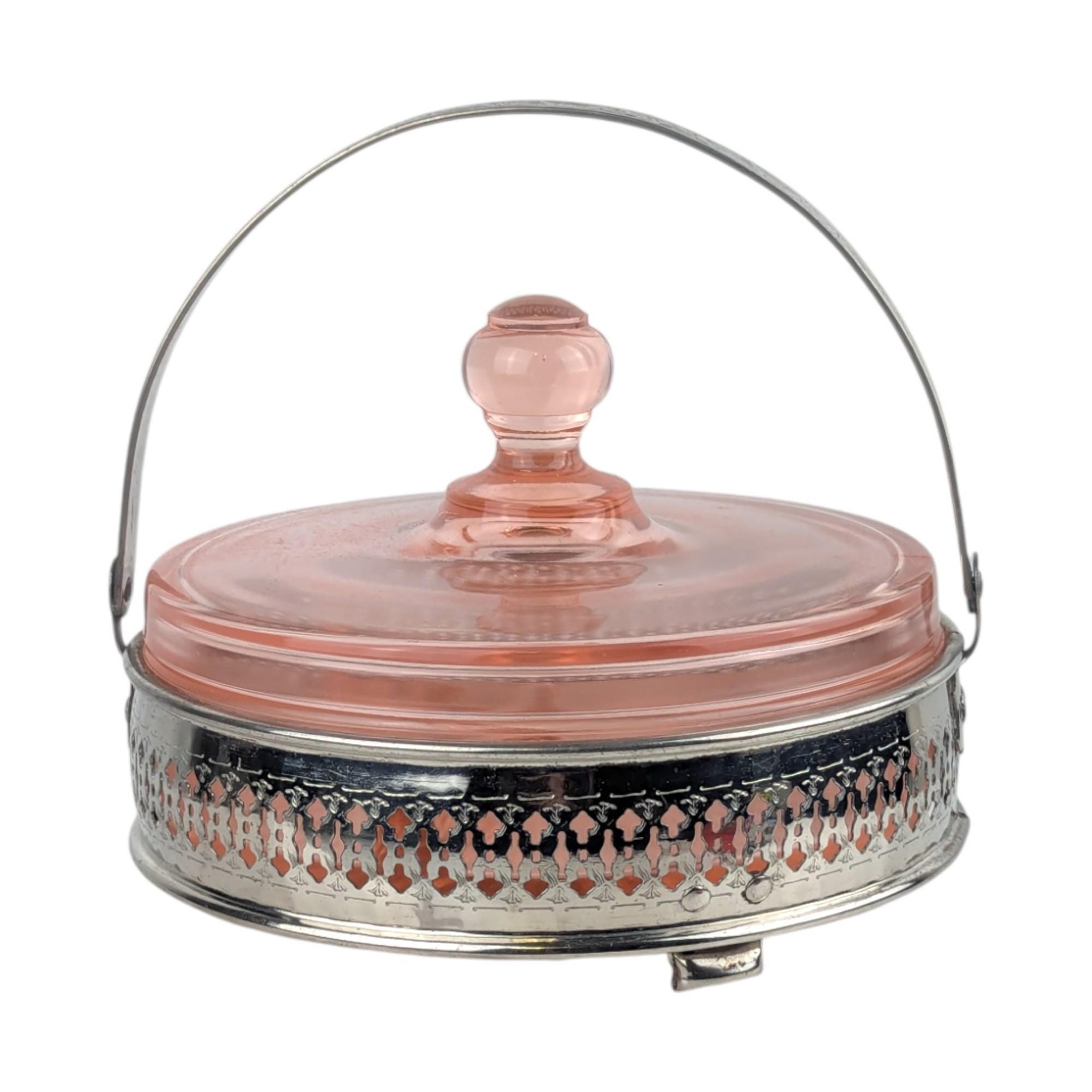 Vintage Pink Glass Relish Dish: Condiment Server with Chrome Caddy
