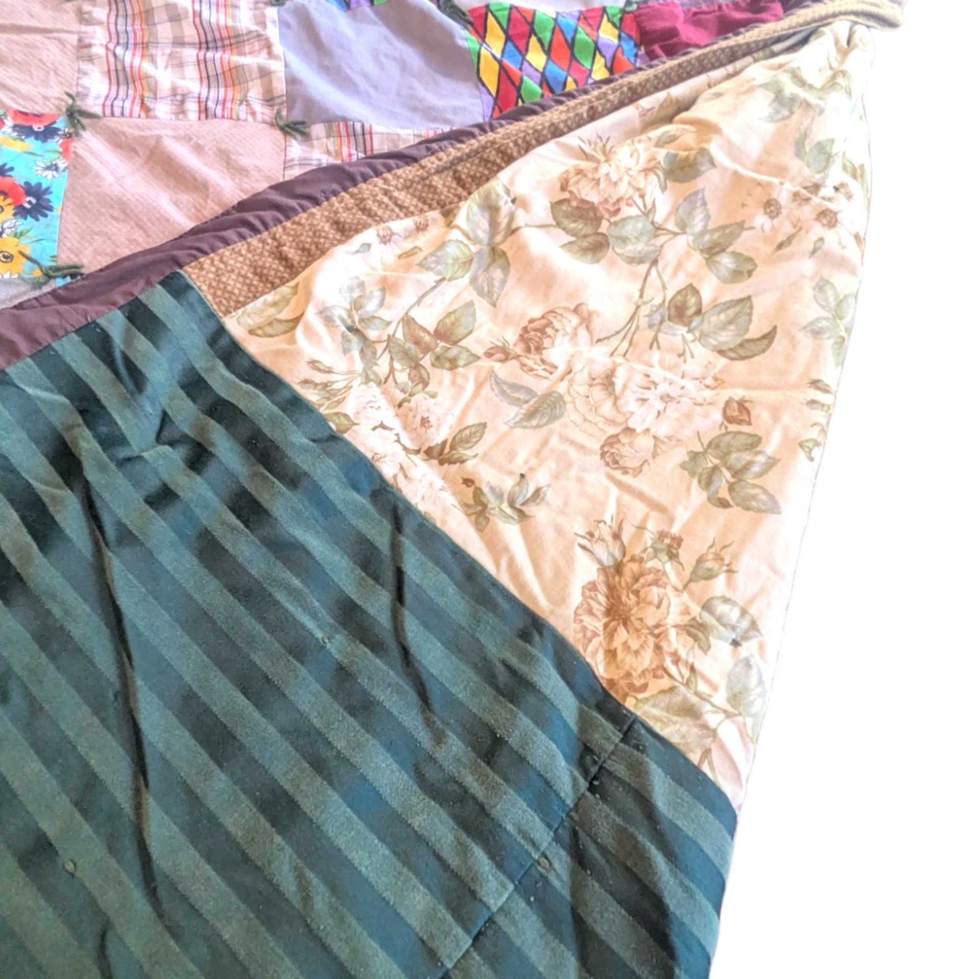 Vintage Patchwork Tied Quilt: Handmade 1970s Boho Floral Bedding