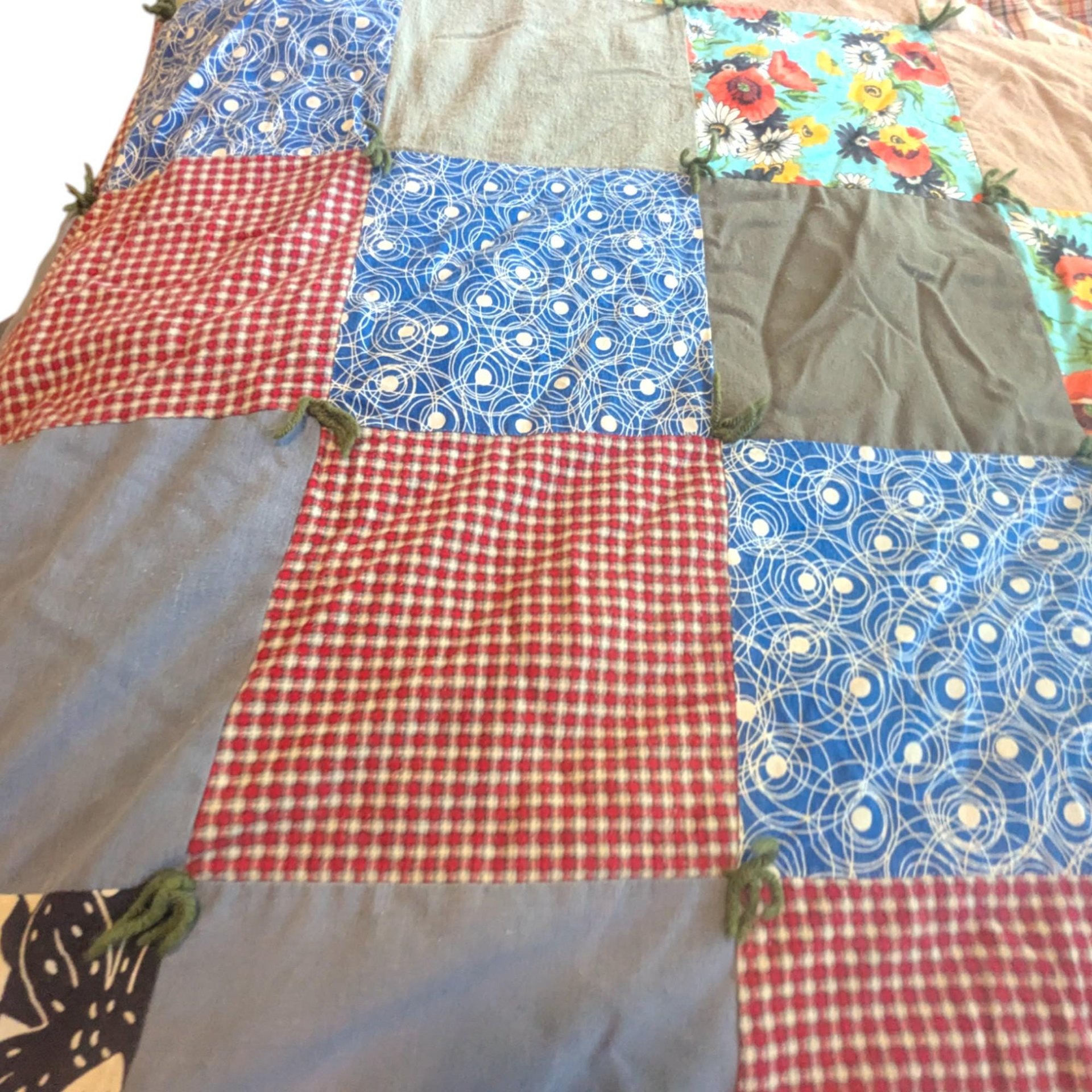 Vintage Patchwork Tied Quilt: Handmade 1970s Boho Floral Bedding