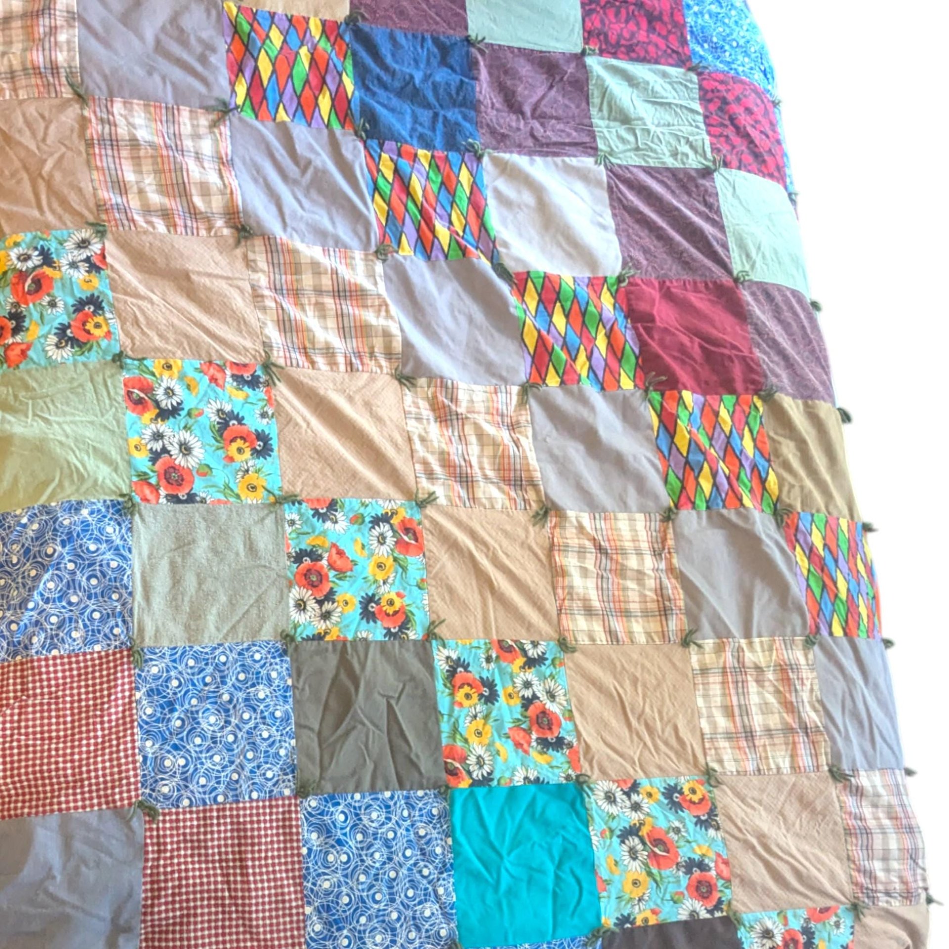 Vintage Patchwork Tied Quilt: Handmade 1970s Boho Floral Bedding