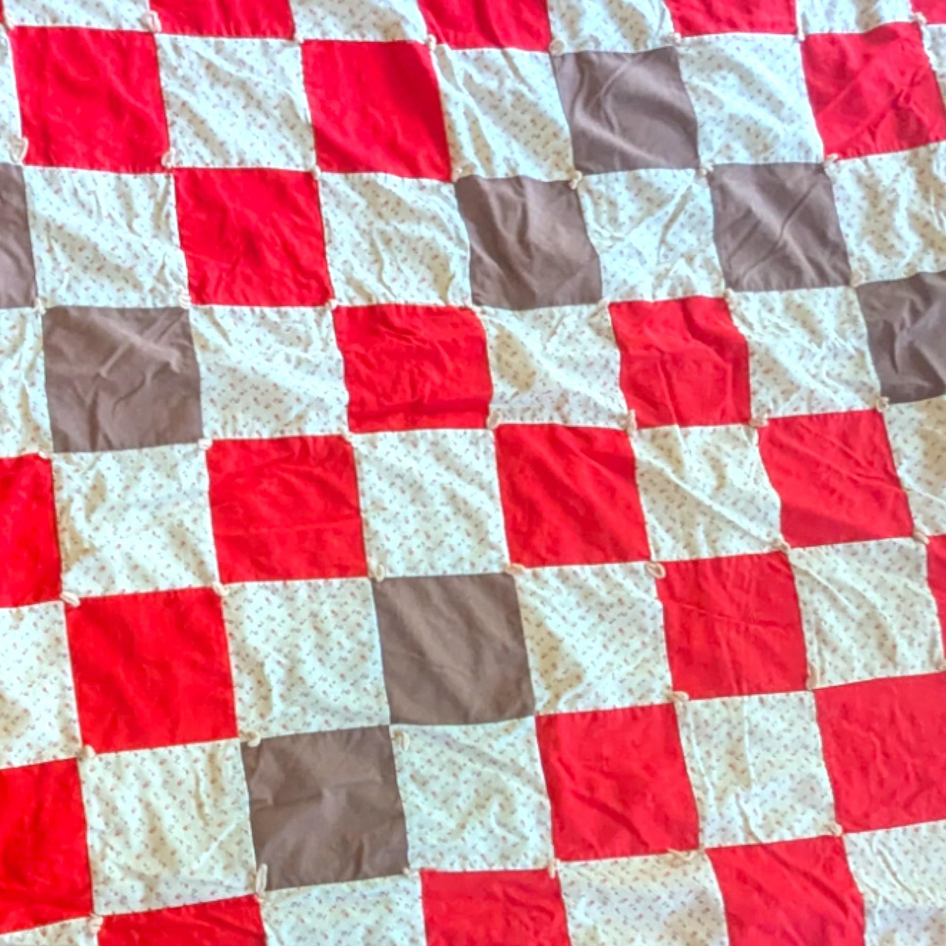 Vintage Checkerboard Quilt: Handmade Patchwork Tied Throw Blanket