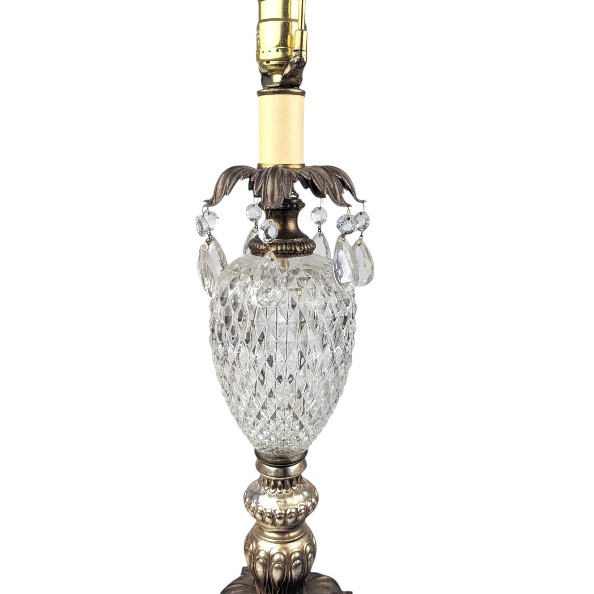Vintage Cut Crystal Table Lamp with Prisms, Hollywood Regency Glass Lamp, Ornate Boudoir Accent Lighting for Bedroom, French Country Decor