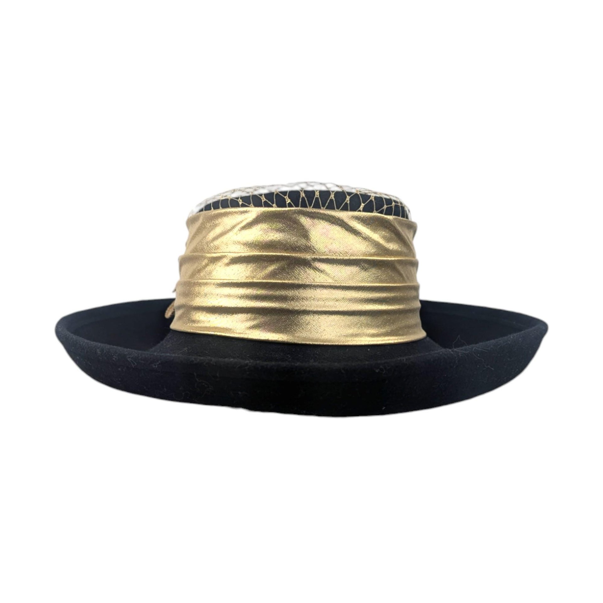 Vintage Sonni San Francisco Hat, 1980s Black Wool Felt Hat with Gold Lame Bow, Formal Occasion Hat, Kentucky Derby Church Hat