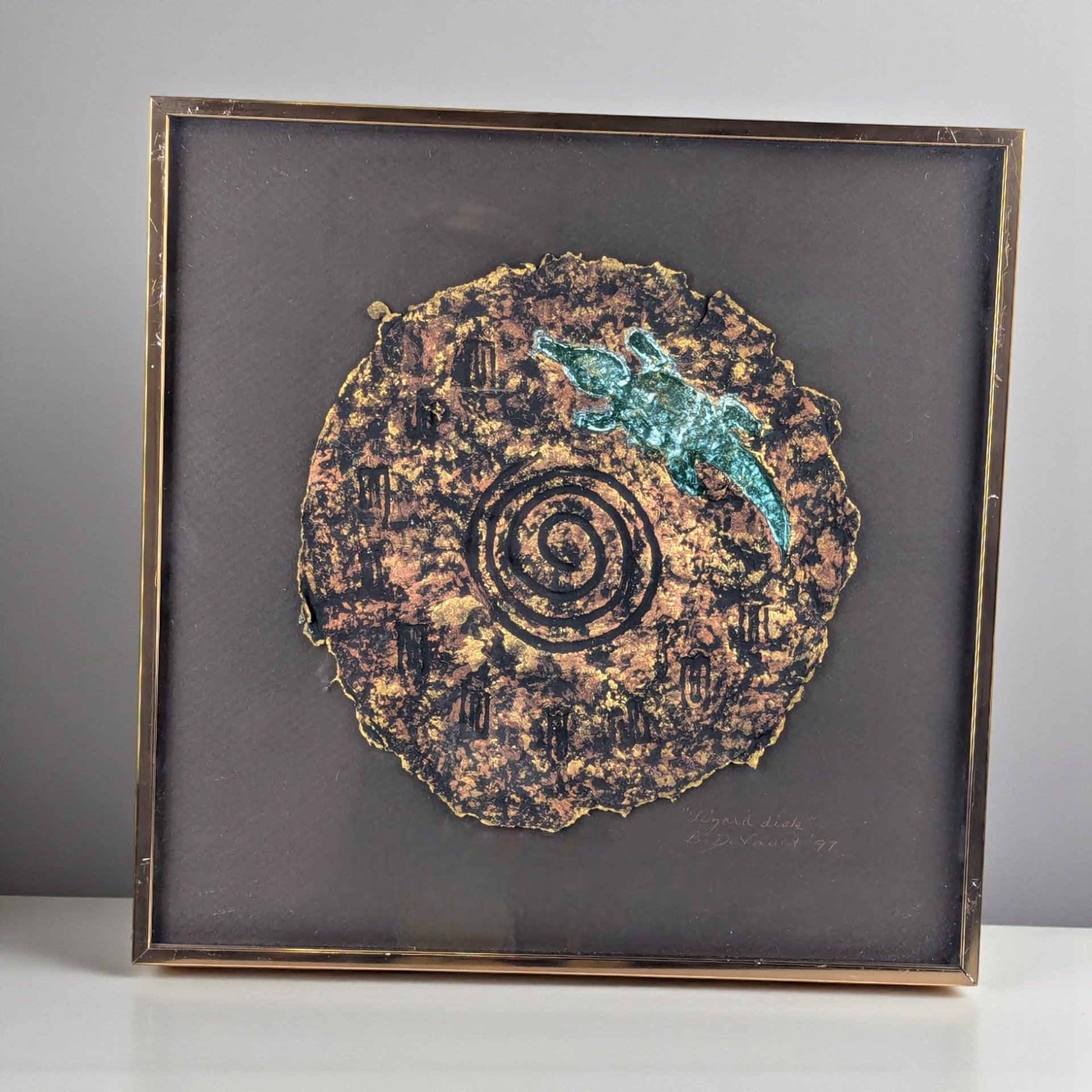 Vintage 1997 Barbara DeVault "Lingard Disk": Mixed Media Lizard Wall Art