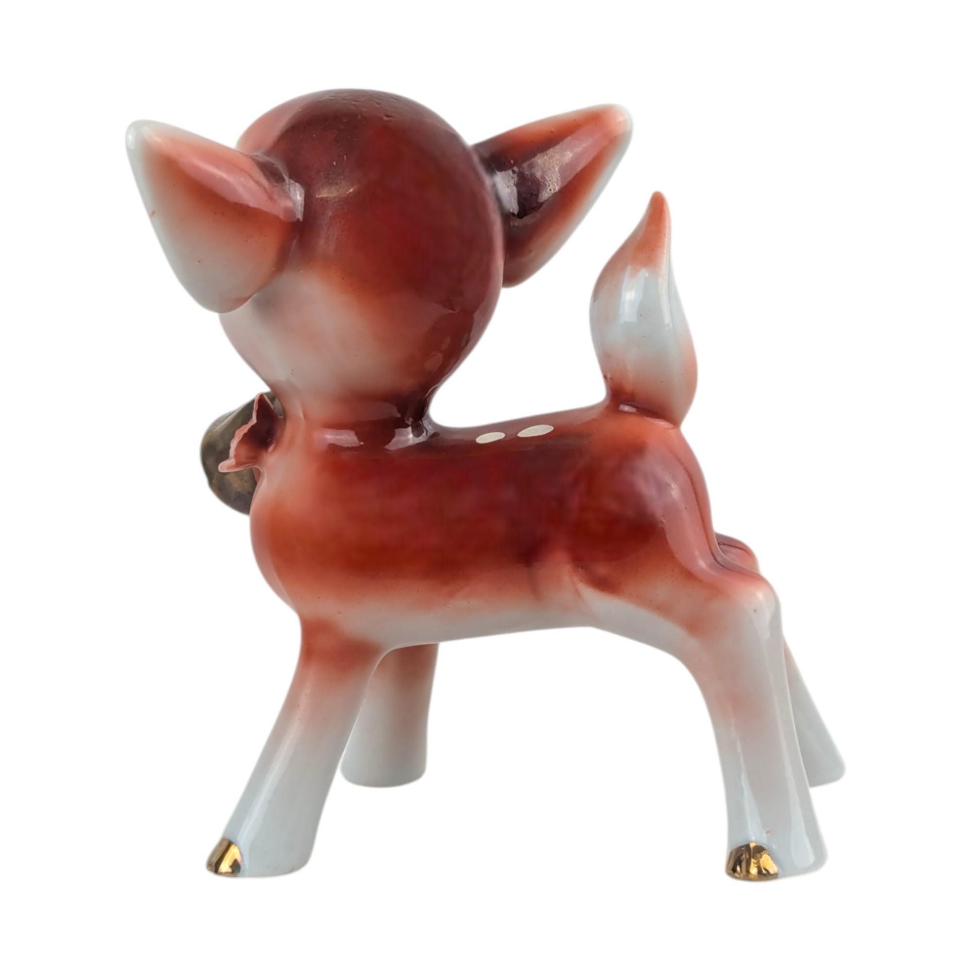 Vintage Japan Ceramic Deer Figurine: Mid-Century Kitsch Fawn with Bell