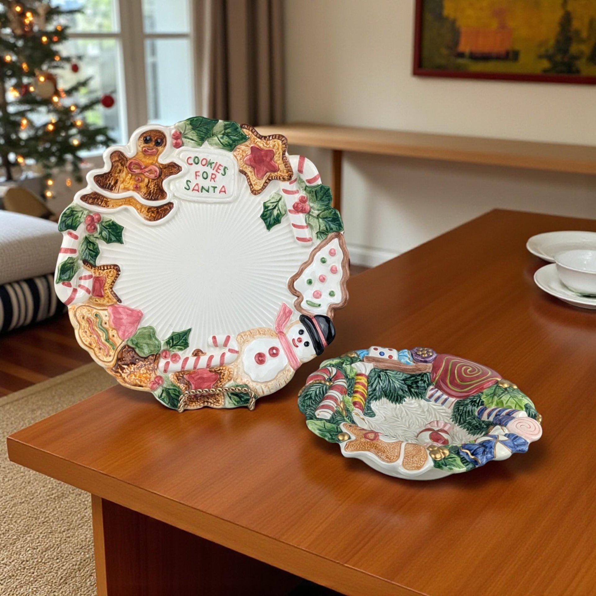 Vintage Fitz and Floyd "Cookies for Santa" Plate: Sugar Plum Holiday Serving Bowl Set