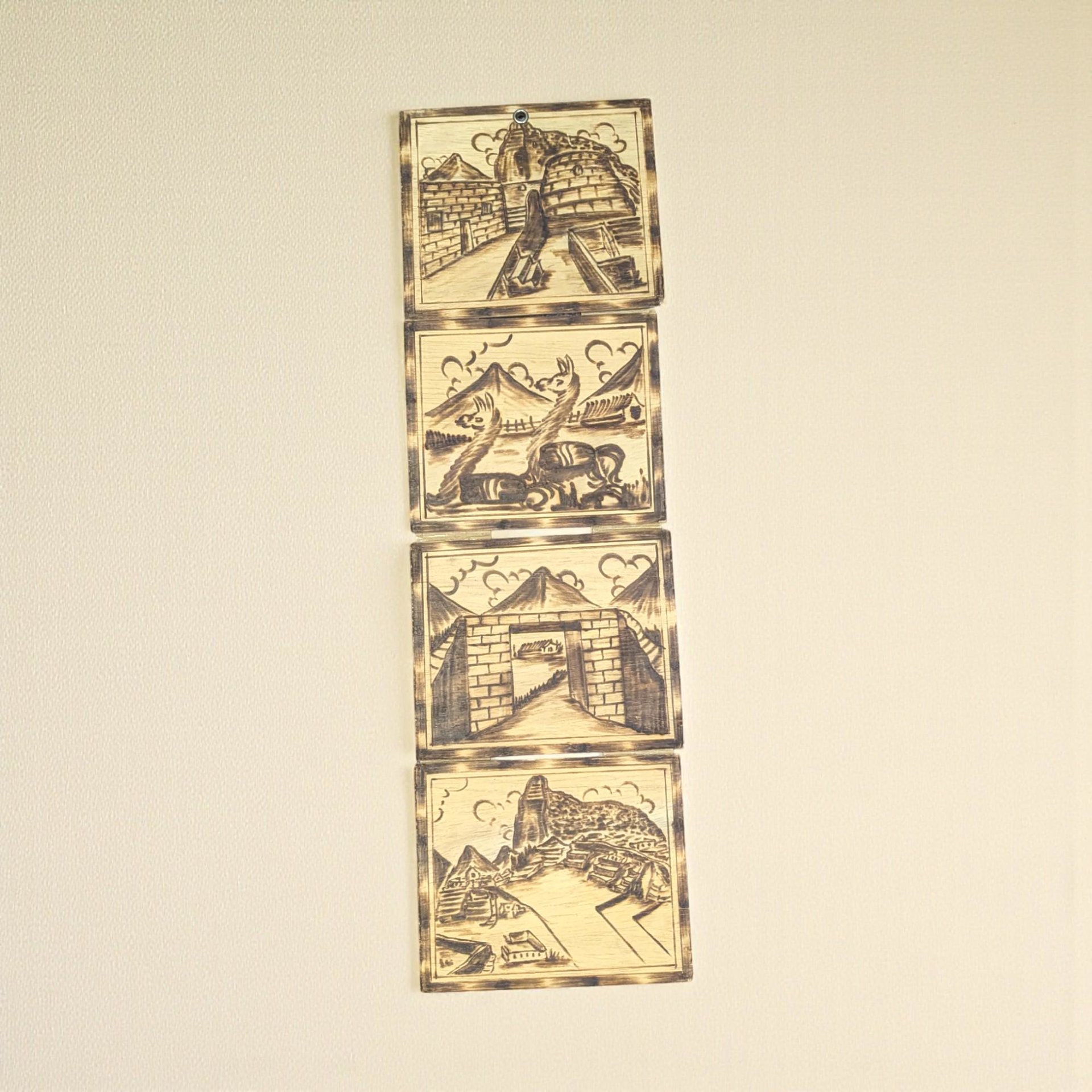 Vintage Peruvian Wood Burned Wall Art: Set of 4 Pyrography Folk Art Panels