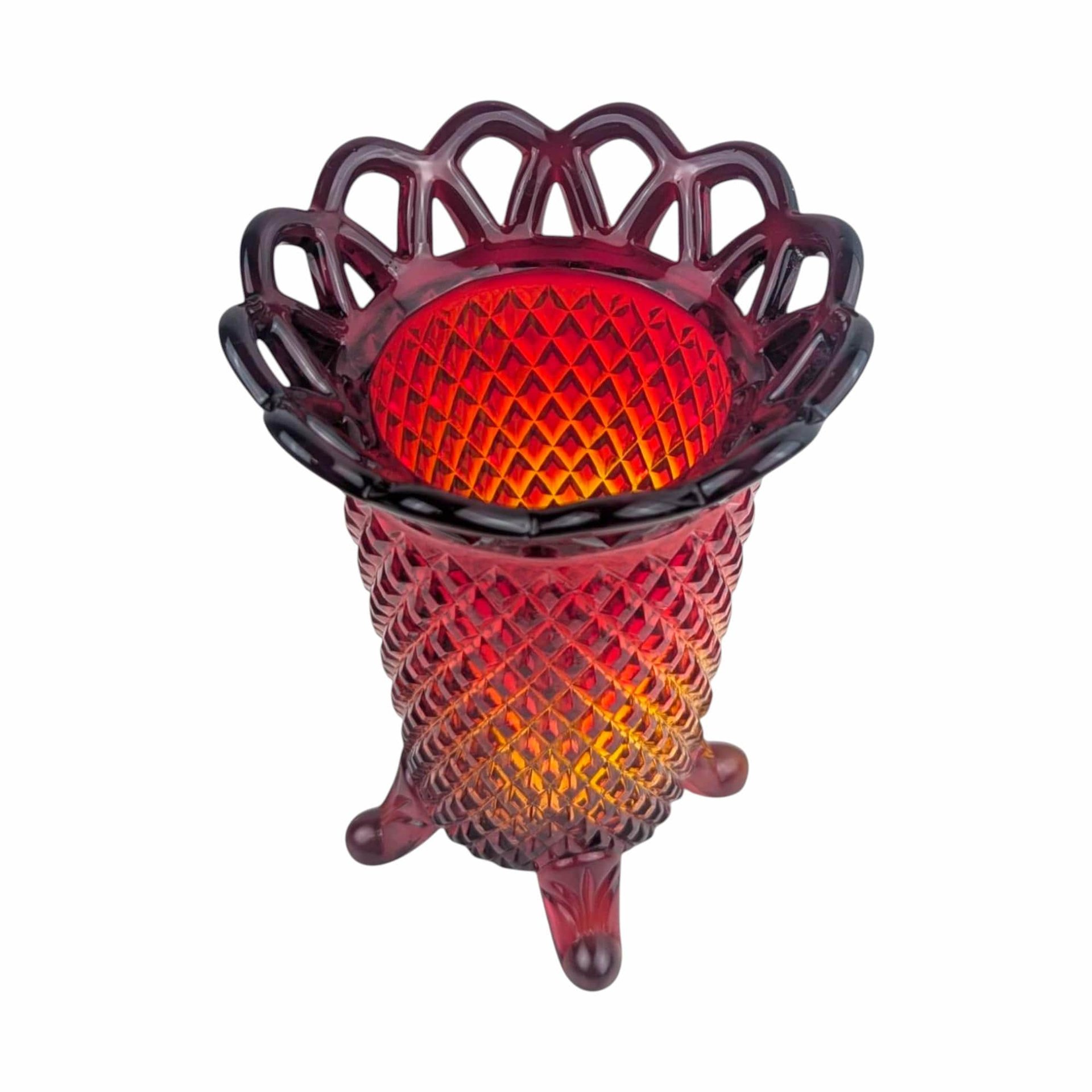 Vintage Imperial Amberina Glass Bud Vase: Lace Edge Diamond Point, Mid Century