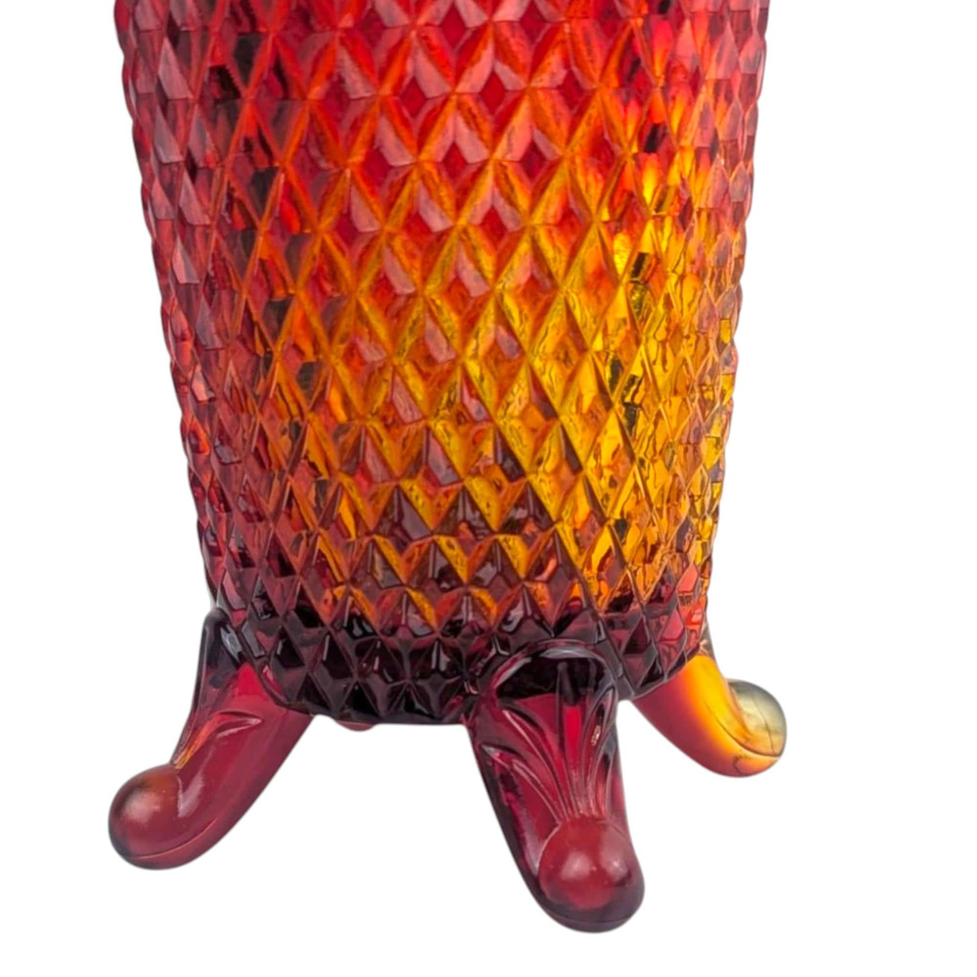 Vintage Imperial Amberina Glass Bud Vase: Lace Edge Diamond Point, Mid Century