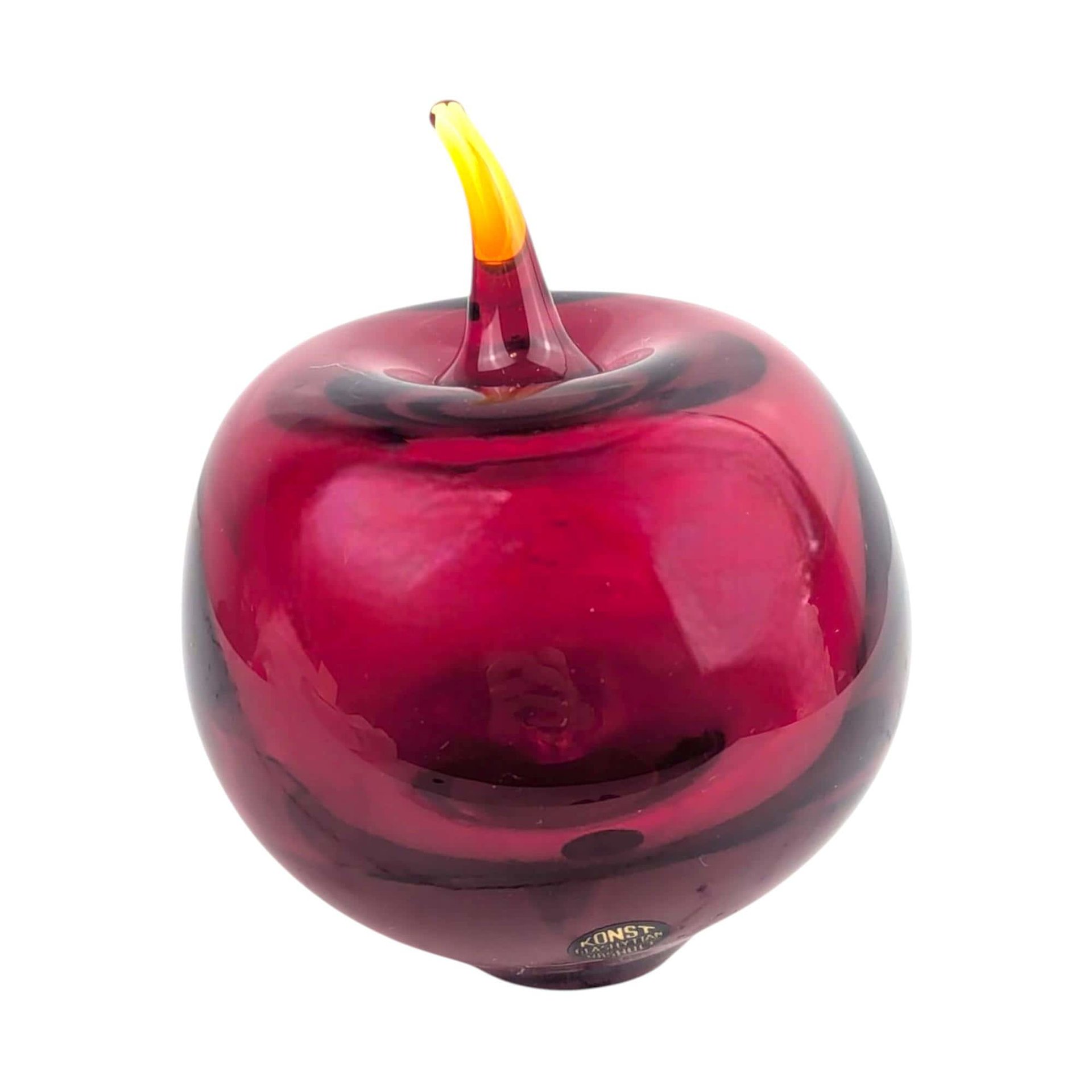 Vintage Hand Blown Art Glass Apple Paperweight: Mid Century Modern Desk Decor