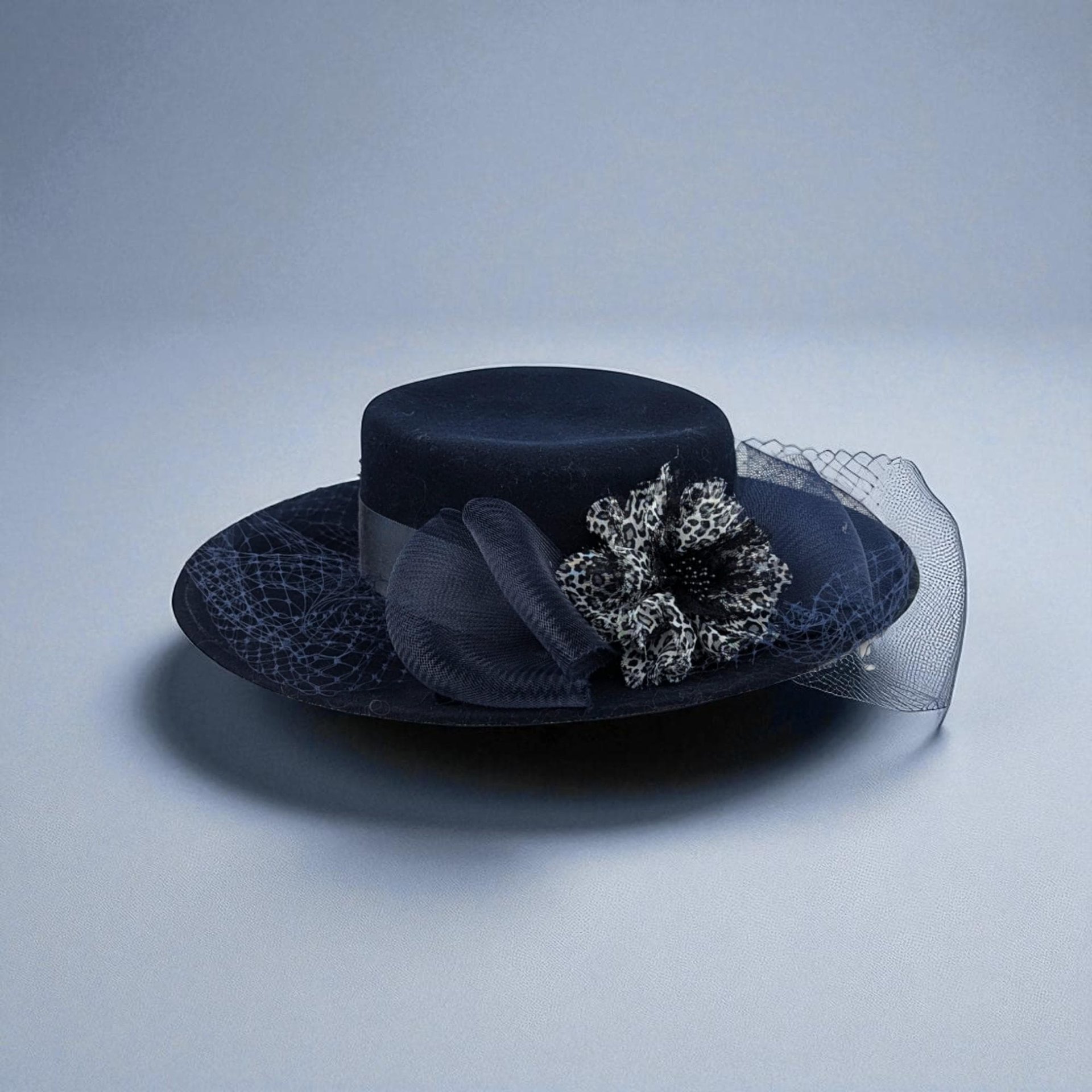 Vintage Bollman Americana Navy Blue Wool Felt Hat, Ladies Wide Brim Boater with Mesh Surround, Formal Wedding Guest Hat, Classic Dress Hat