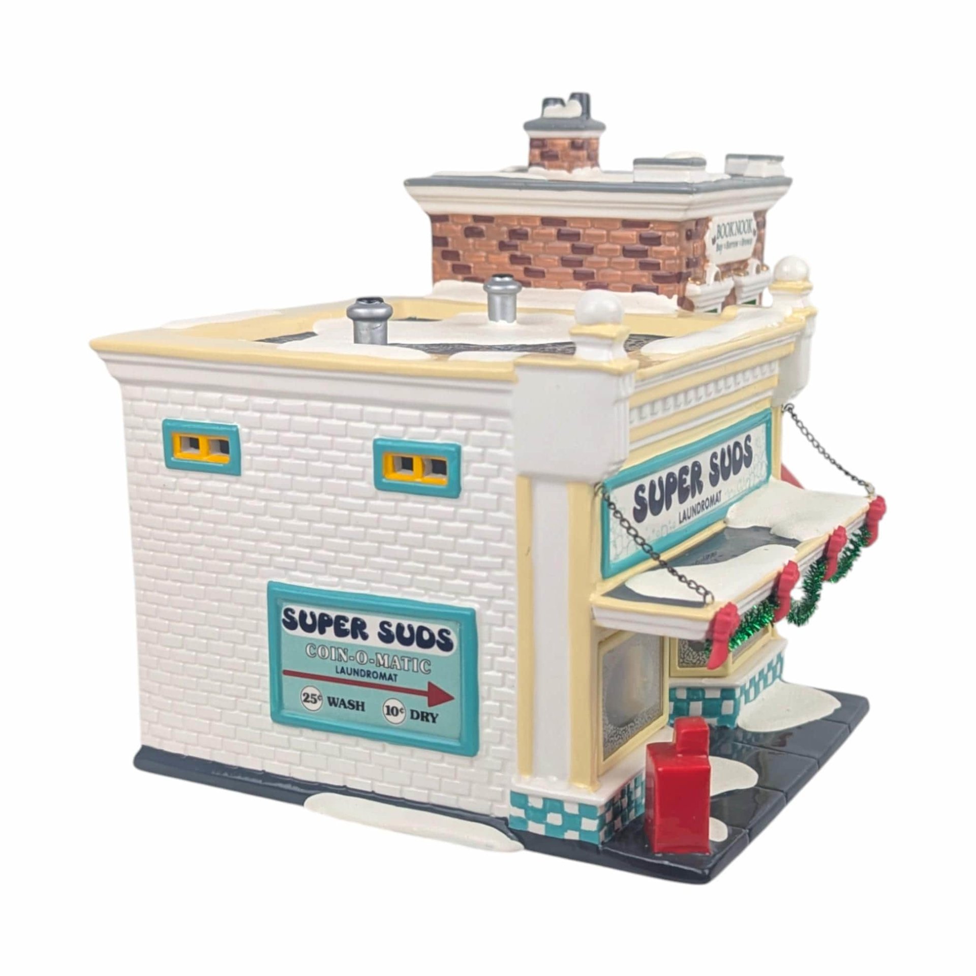 Vintage 1995 Dept 56 Snow Village Super Suds Laundromat, Ceramic Christmas Village House with Light, Holiday Decor Gift