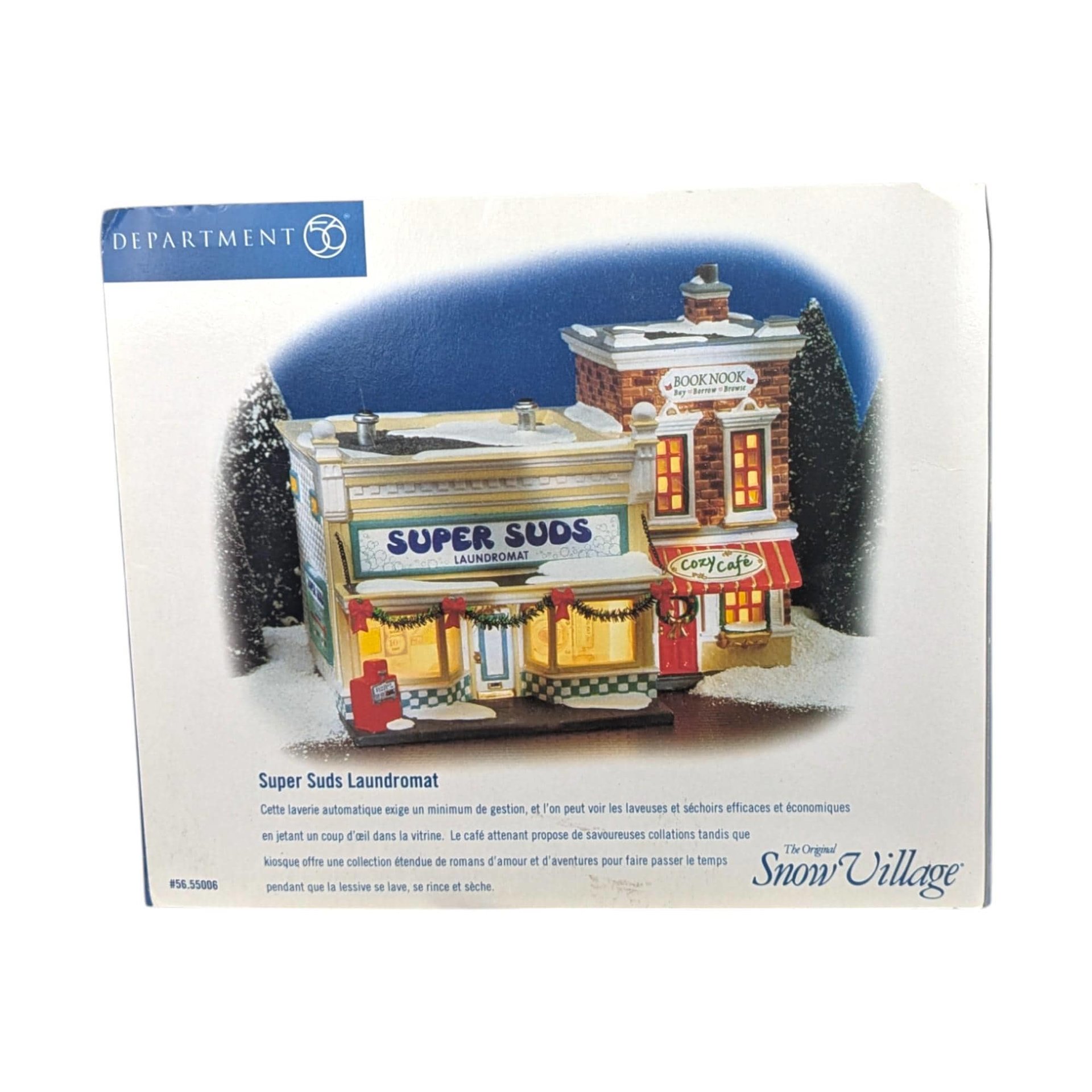 Vintage 1995 Dept 56 Snow Village Super Suds Laundromat, Ceramic Christmas Village House with Light, Holiday Decor Gift