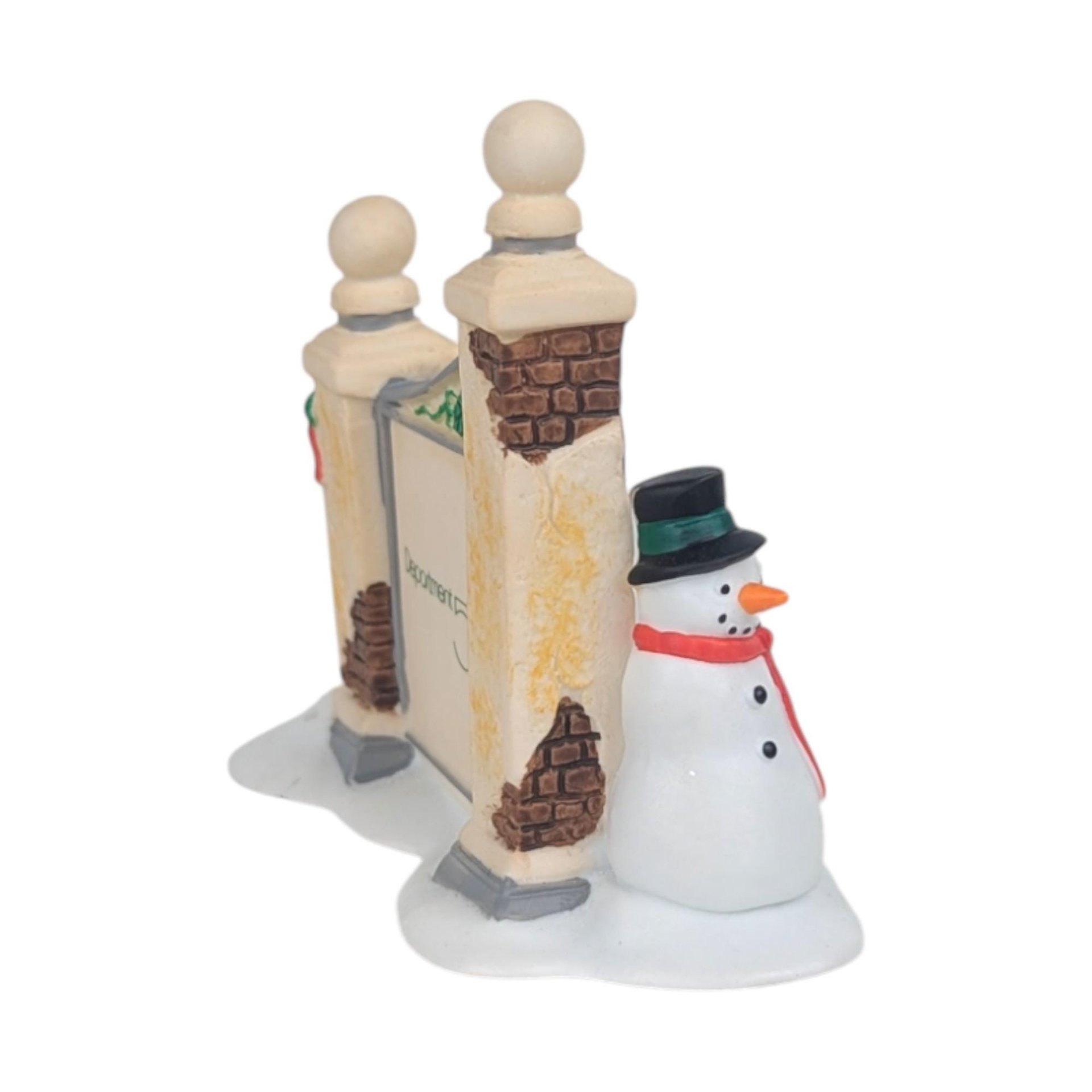 Vintage Dept 56 Village Sign with Snowman, Heritage Village Collection Christmas Accessory, Miniature Figurine for Holiday Display