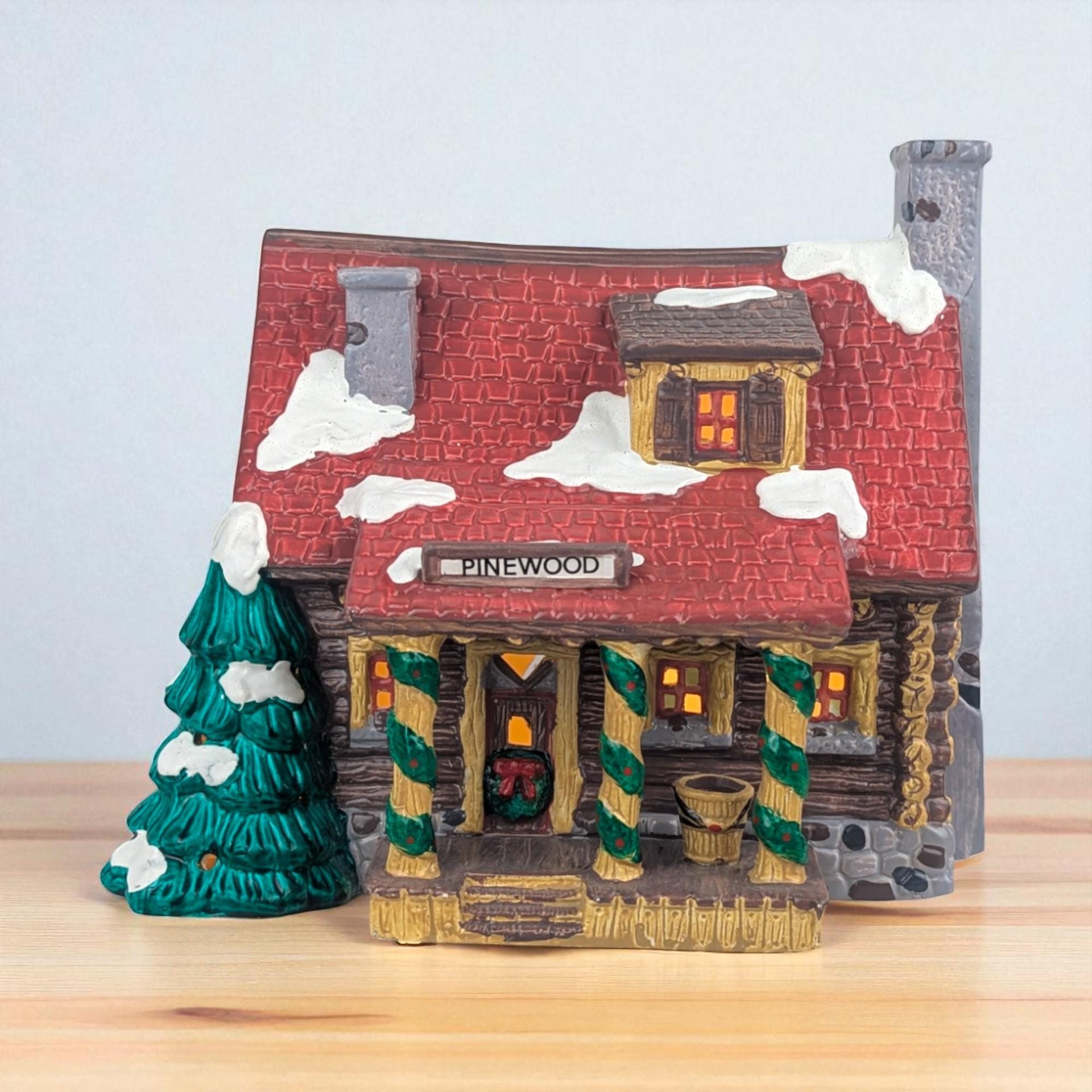 Vintage 1989 Dept 56 Pinewood Log Cabin, Snow Village Lighted Christmas Building, Rustic Winter Lodge Holiday Decor
