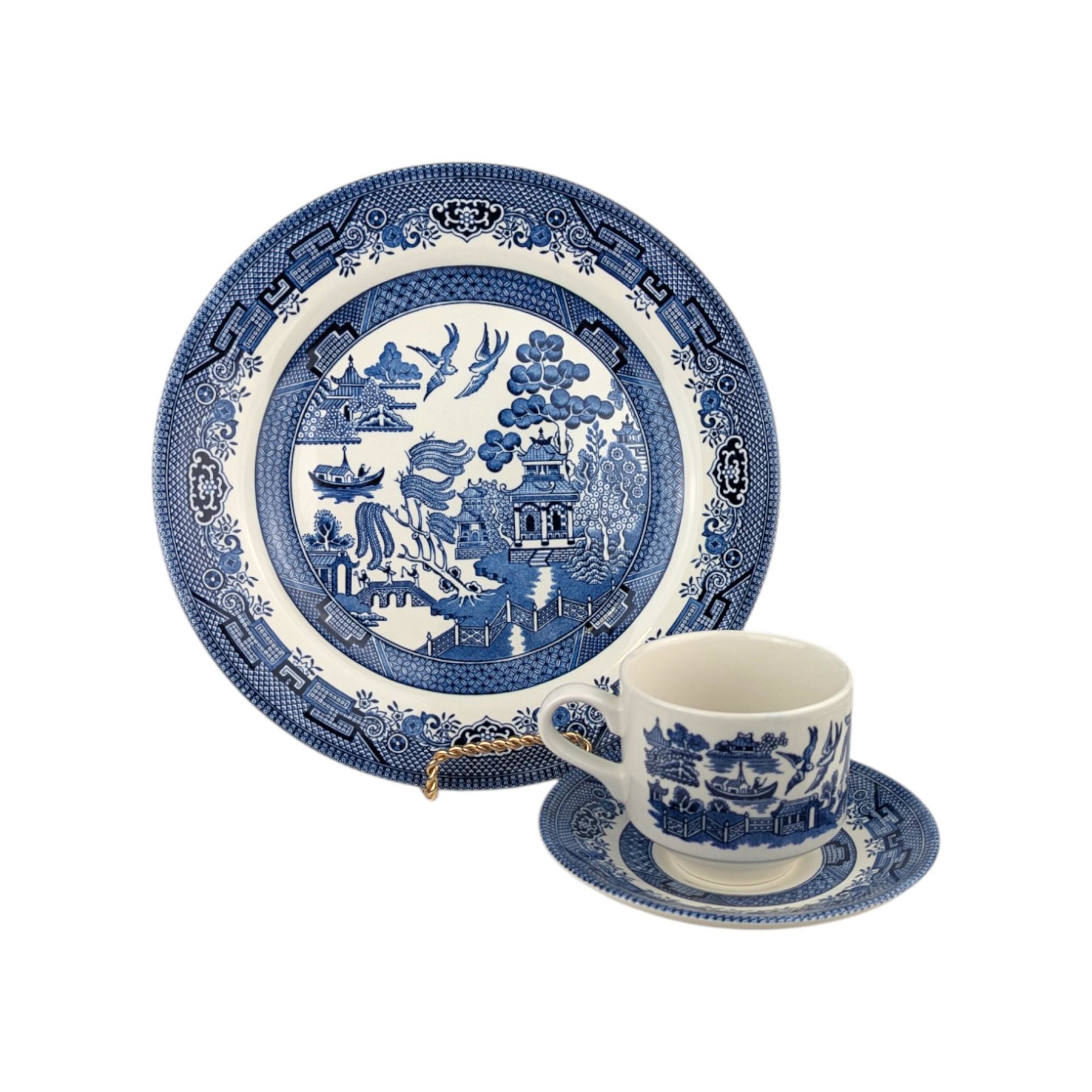 Vintage Churchill Blue Willow 3-Piece Place Setting, Classic Blue and White Chinoiserie Dinner Plate Cup and Saucer, Made in England