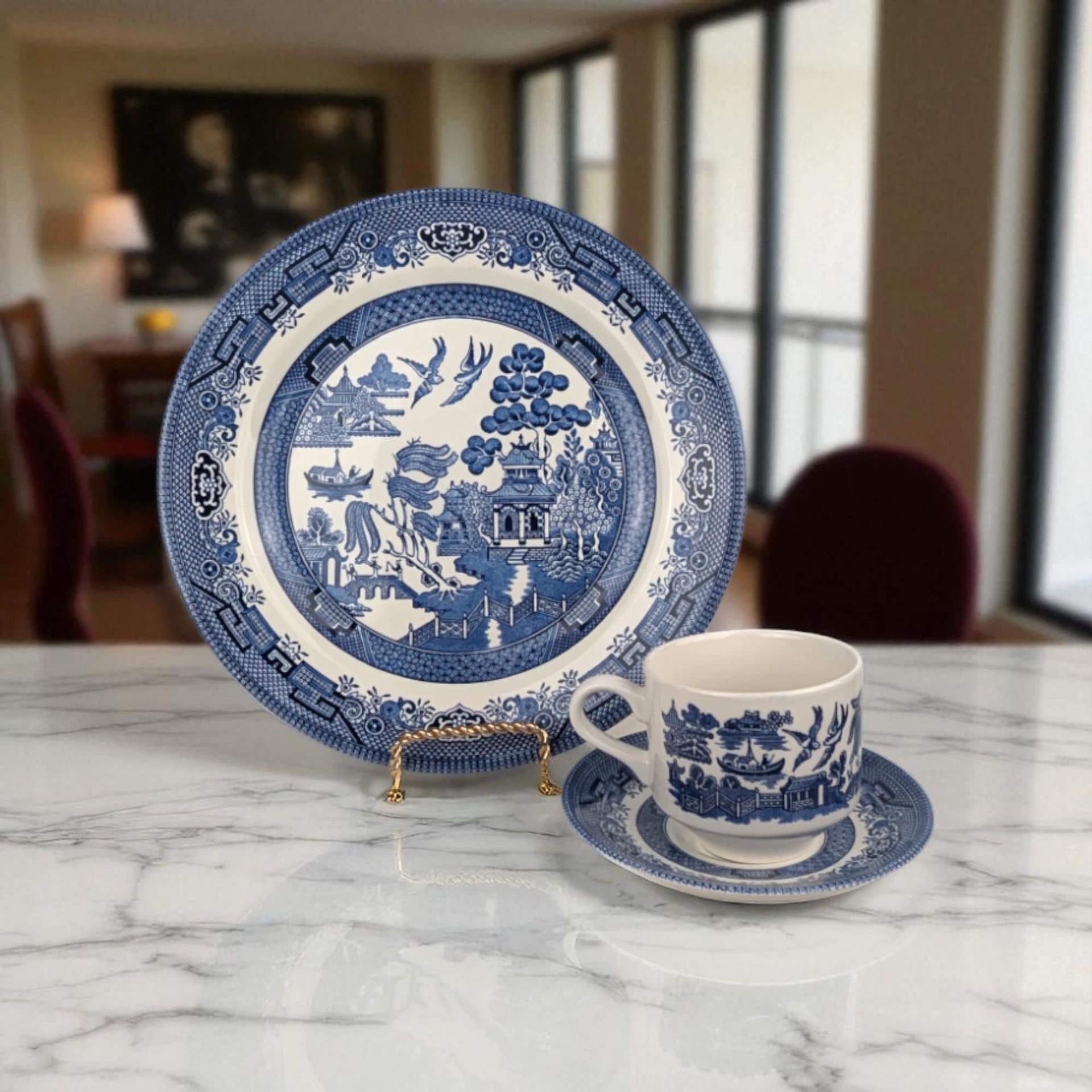 Vintage Churchill Blue Willow 3-Piece Place Setting, Classic Blue and White Chinoiserie Dinner Plate Cup and Saucer, Made in England