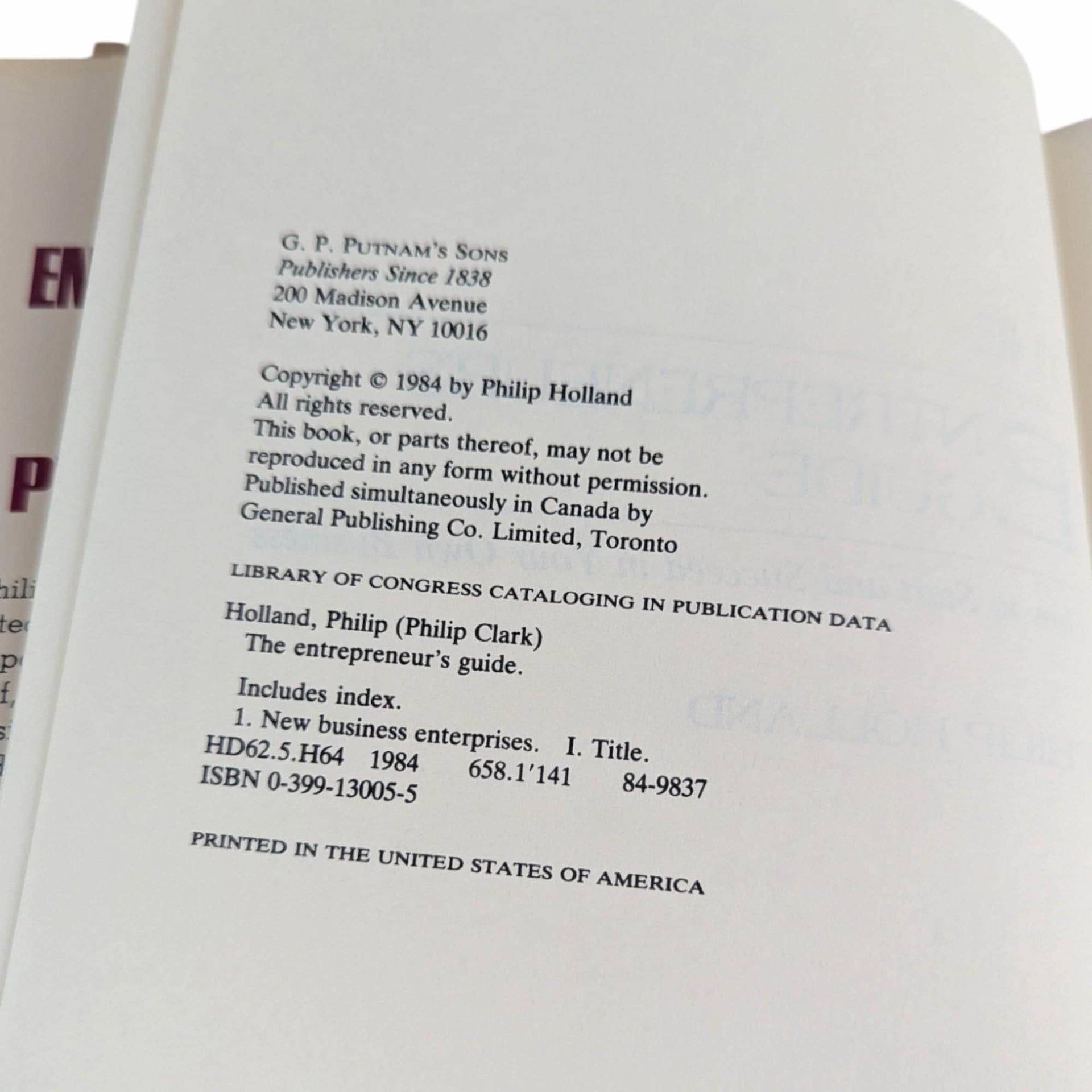 1984 "The Entrepreneur's Guide" Book: Philip Holland, Hardcover Small Business Manual