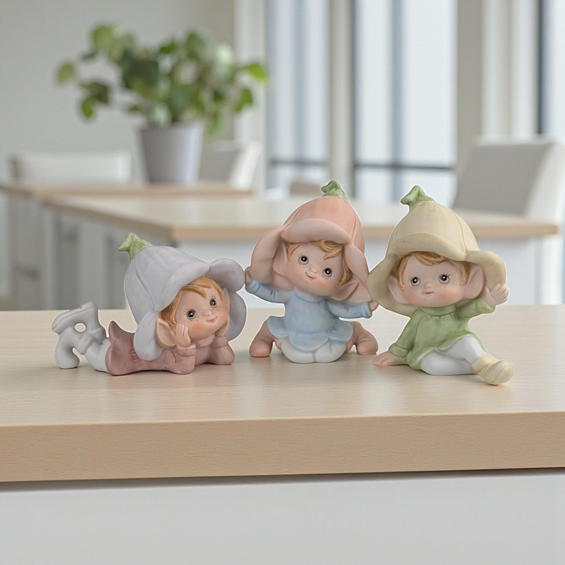Vintage Homco Garden Pixie Figurines: Set of 3, #5615 Flower Hat