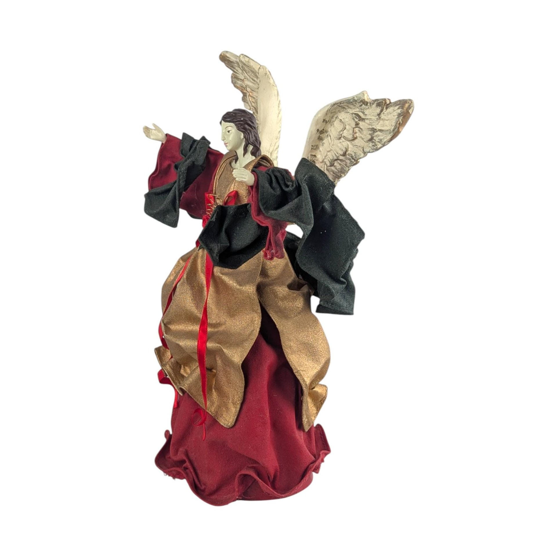 Vintage Angel Tree Topper: 14.5" Red and Gold Christmas Tree Angel, Holiday Mantle Decor
