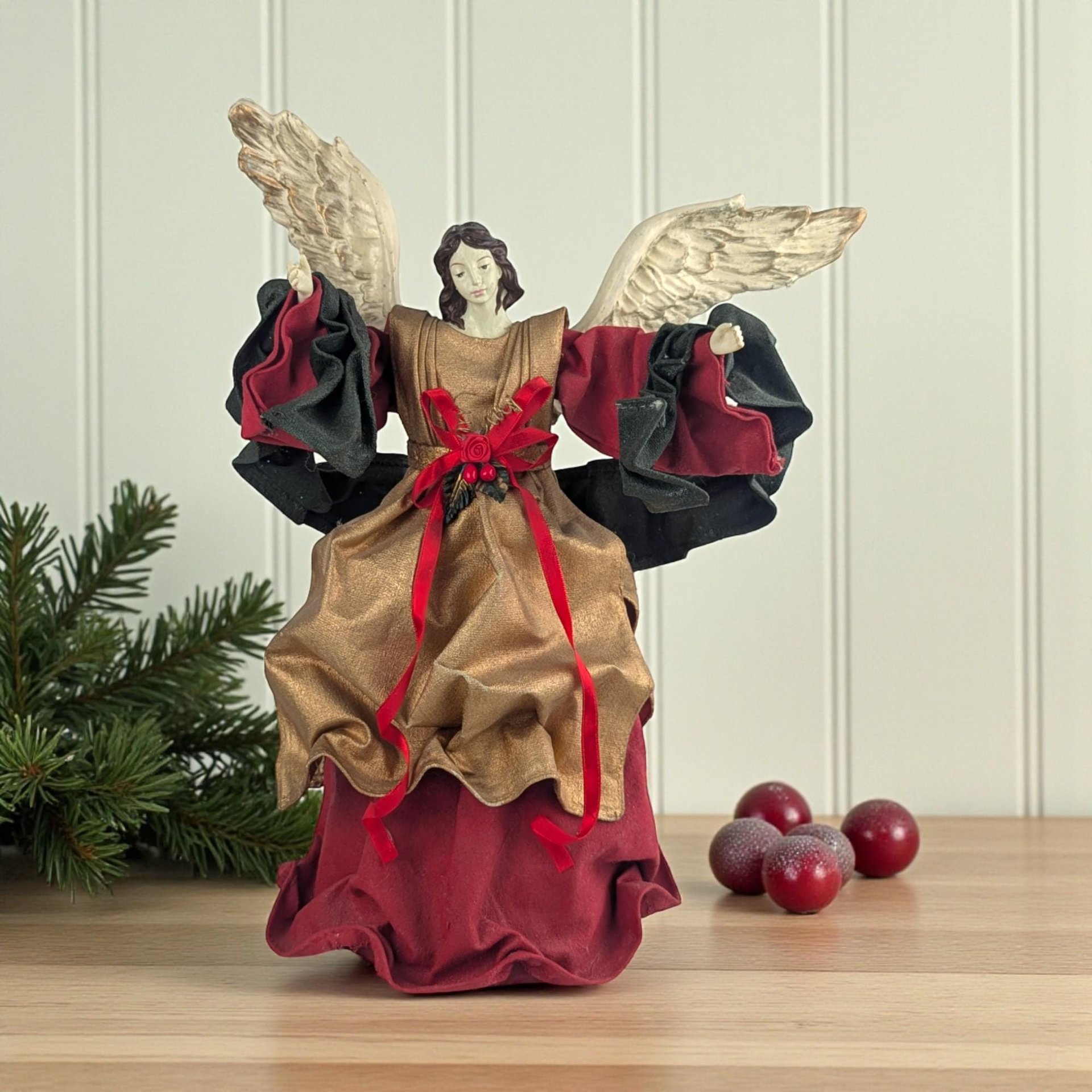 Vintage Angel Tree Topper: 14.5" Red and Gold Christmas Tree Angel, Holiday Mantle Decor