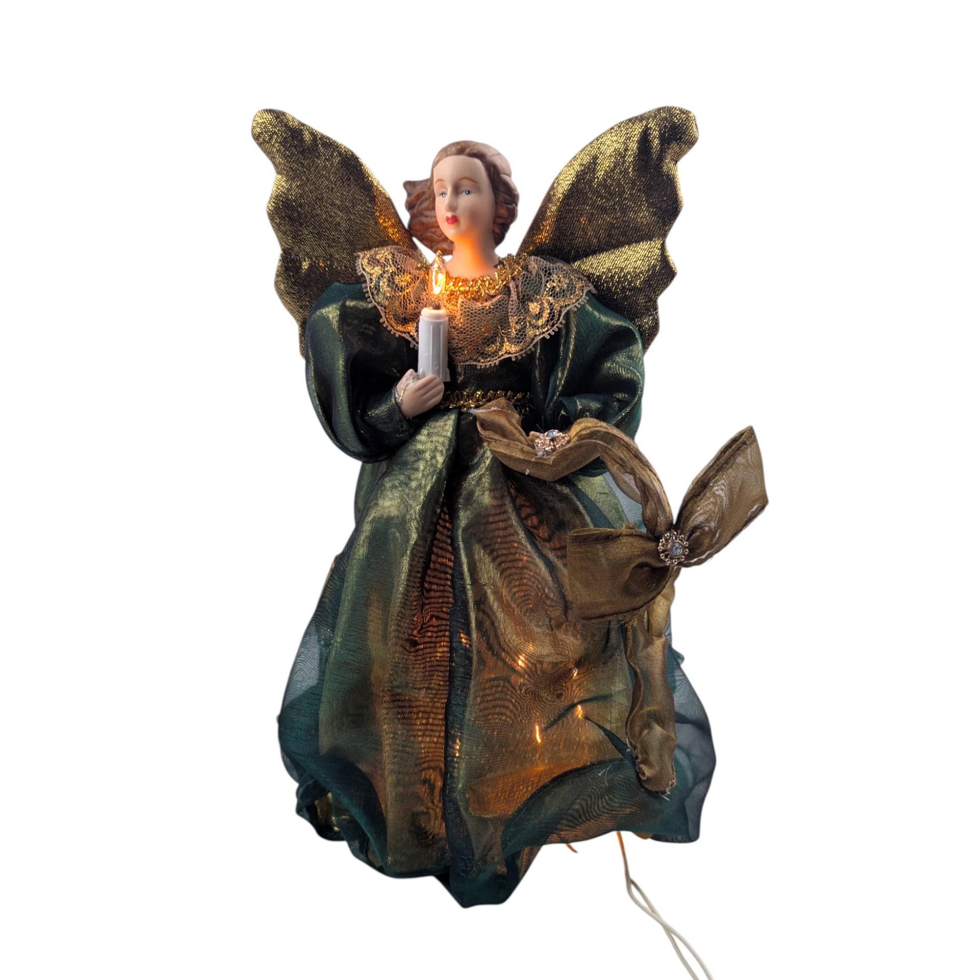 Vintage Light Up Angel Tree Topper: 9" Green and Gold Christmas Angel, Holiday Decor