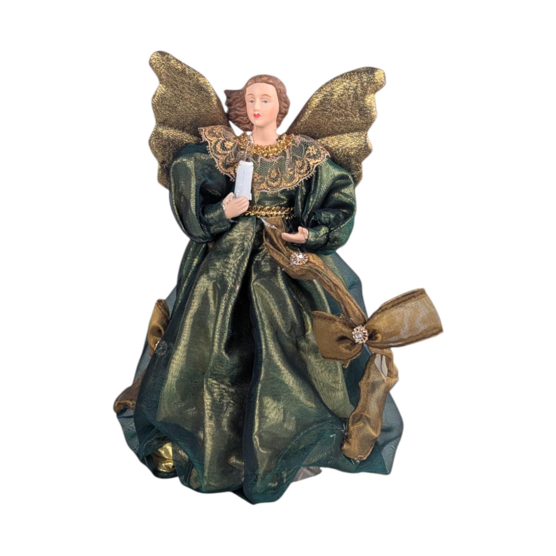 Vintage Light Up Angel Tree Topper: 9" Green and Gold Christmas Angel, Holiday Decor