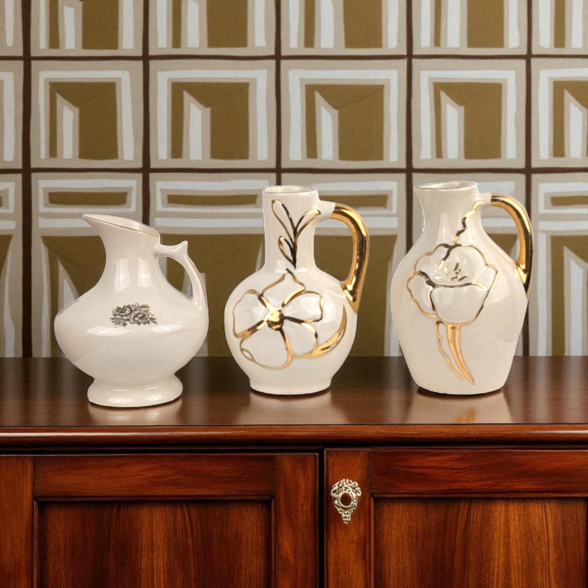 Vintage Cream Ceramic Bud Vase Trio: MCM Pitcher Vases with Gold Trim & Flowers