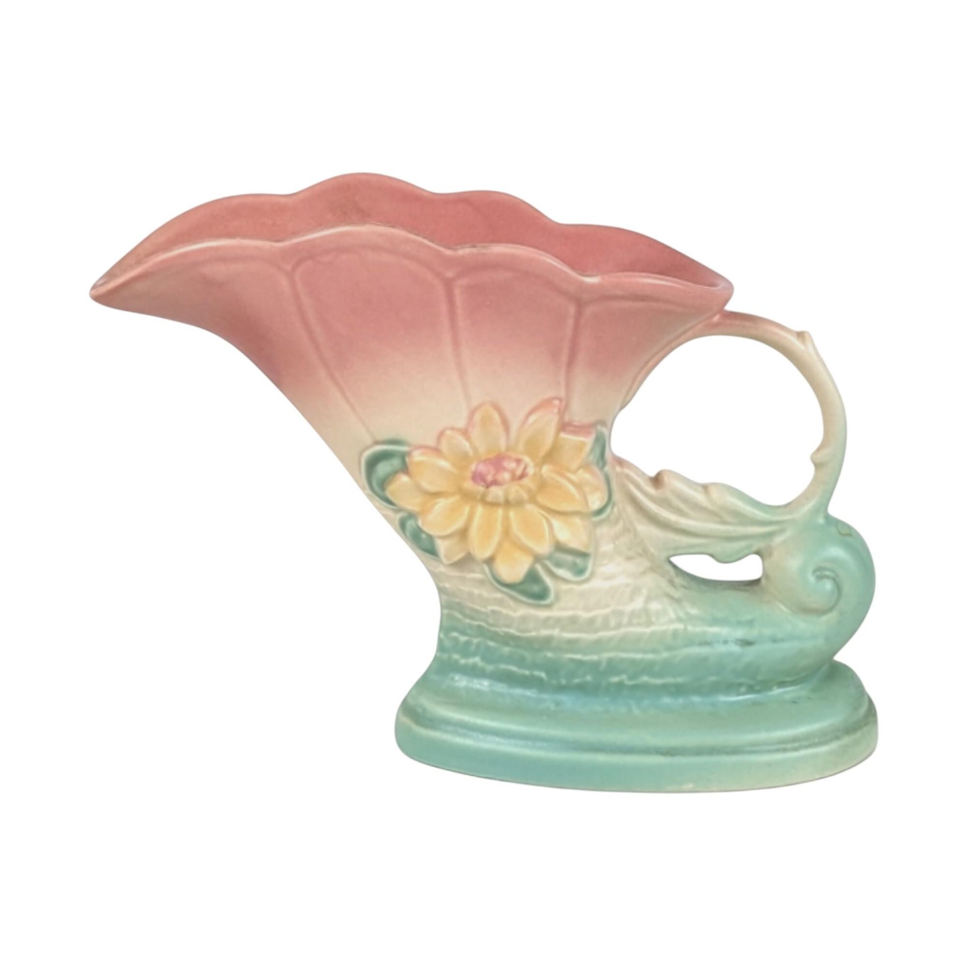 Vintage Hull Pottery Cornucopia Vase: Pink & Turquoise Waterlily, 1940s Art Deco