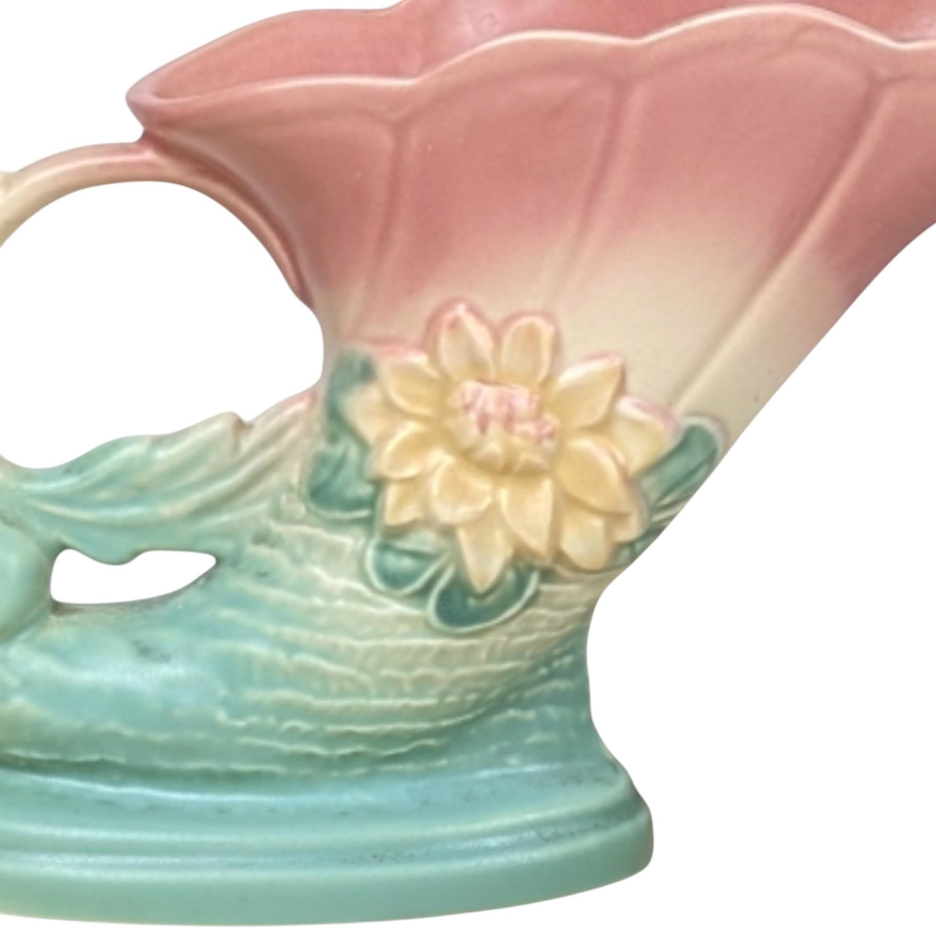 Vintage Hull Pottery Cornucopia Vase: Pink & Turquoise Waterlily, 1940s Art Deco