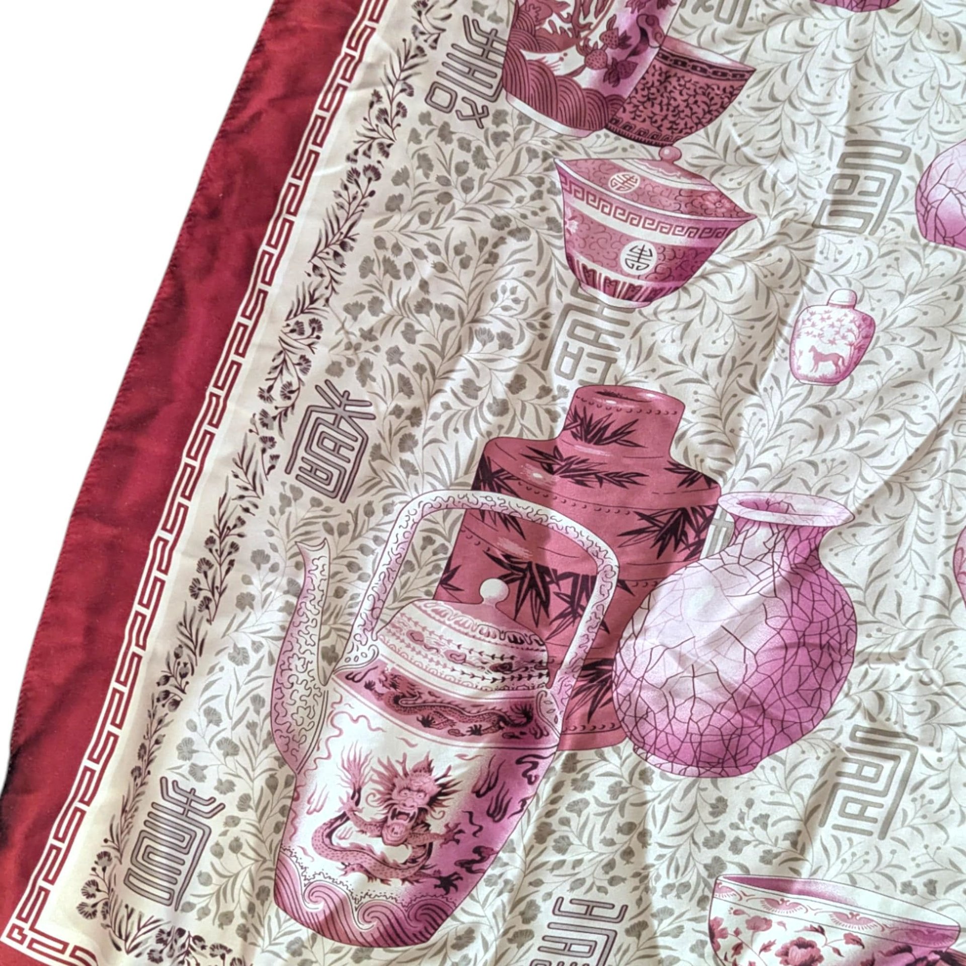 Large Vintage Silk Scarf with Asian Pottery Print, Chinoiserie Dragon Motif Square Scarf in Red and Pink, 42 Inch Womens Head Scarf Shawl