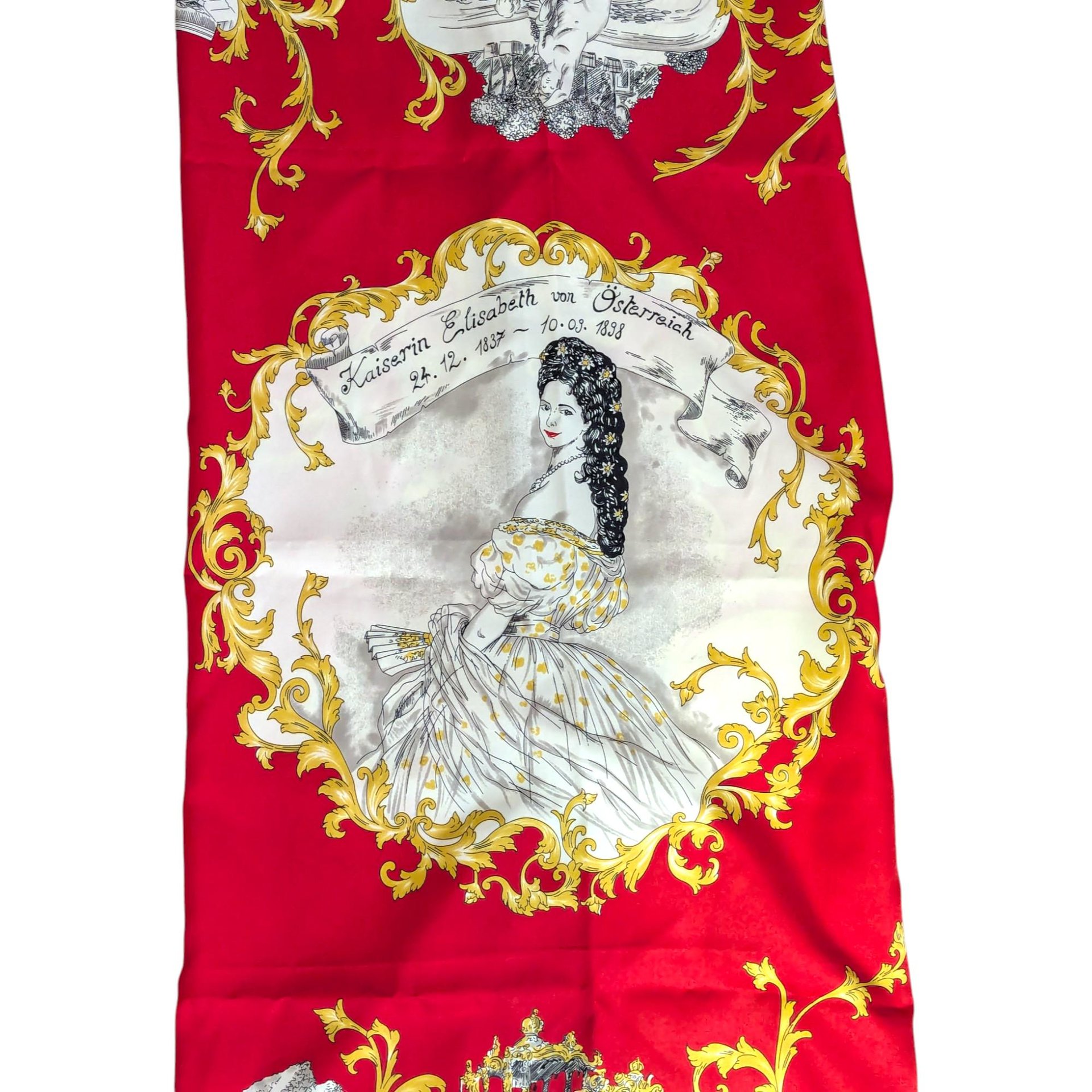 Vintage Striessnig Scarf Empress Sisi of Austria, Kaiserin Elisabeth Royal Portrait Scarf, Red Black Gold Viennese Souvenir Square Scarf