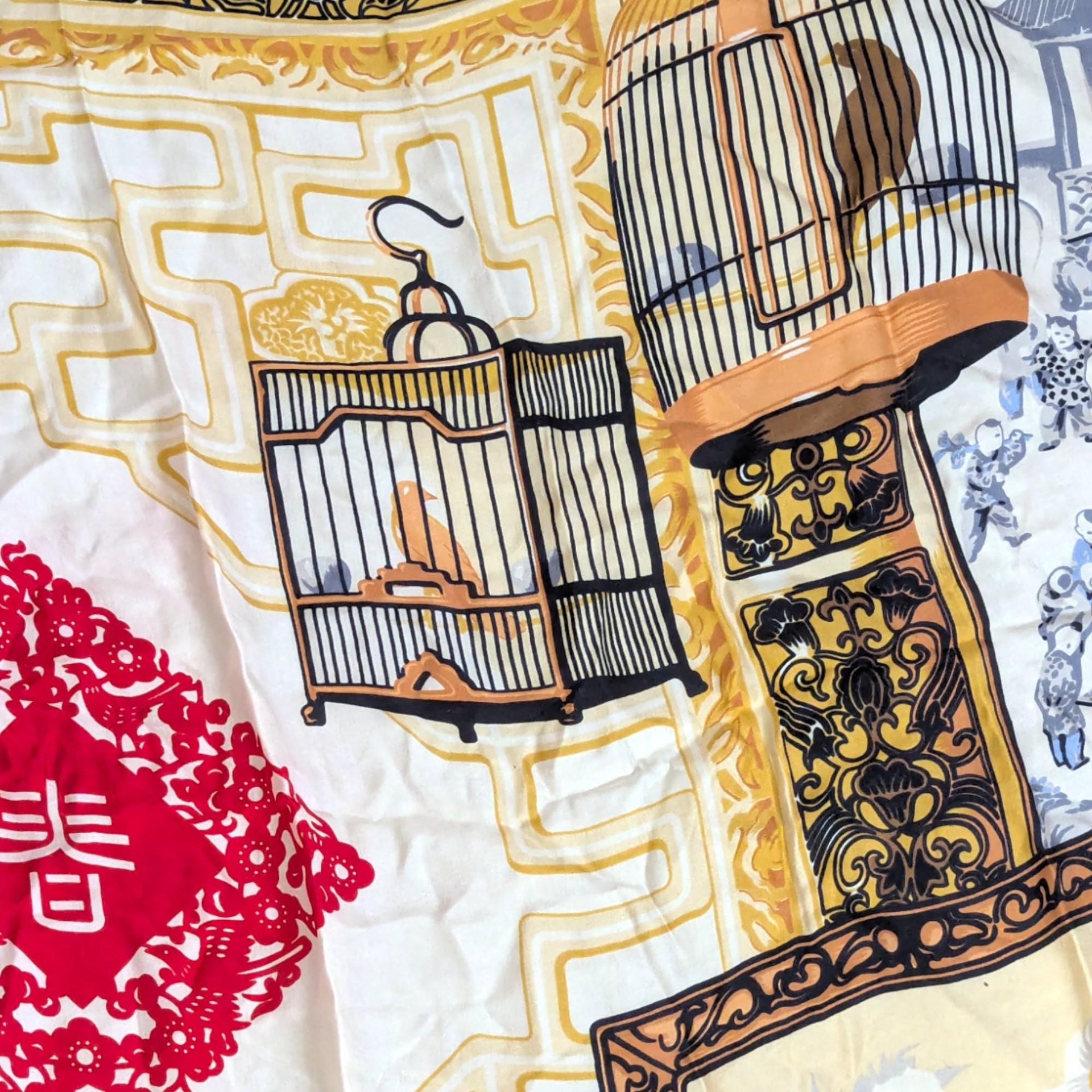 Large Huali Vintage Silk Scarf, Chinoiserie Still Life Print Shawl with Blue White Porcelain, Asian Black and Gold Square Scarf Art