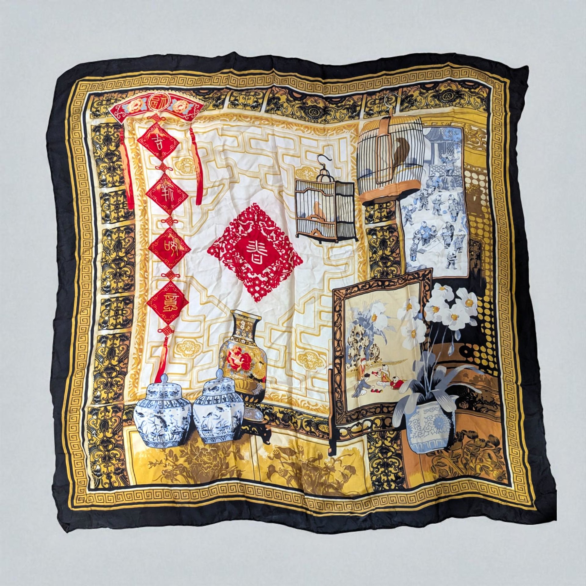 Large Huali Vintage Silk Scarf, Chinoiserie Still Life Print Shawl with Blue White Porcelain, Asian Black and Gold Square Scarf Art