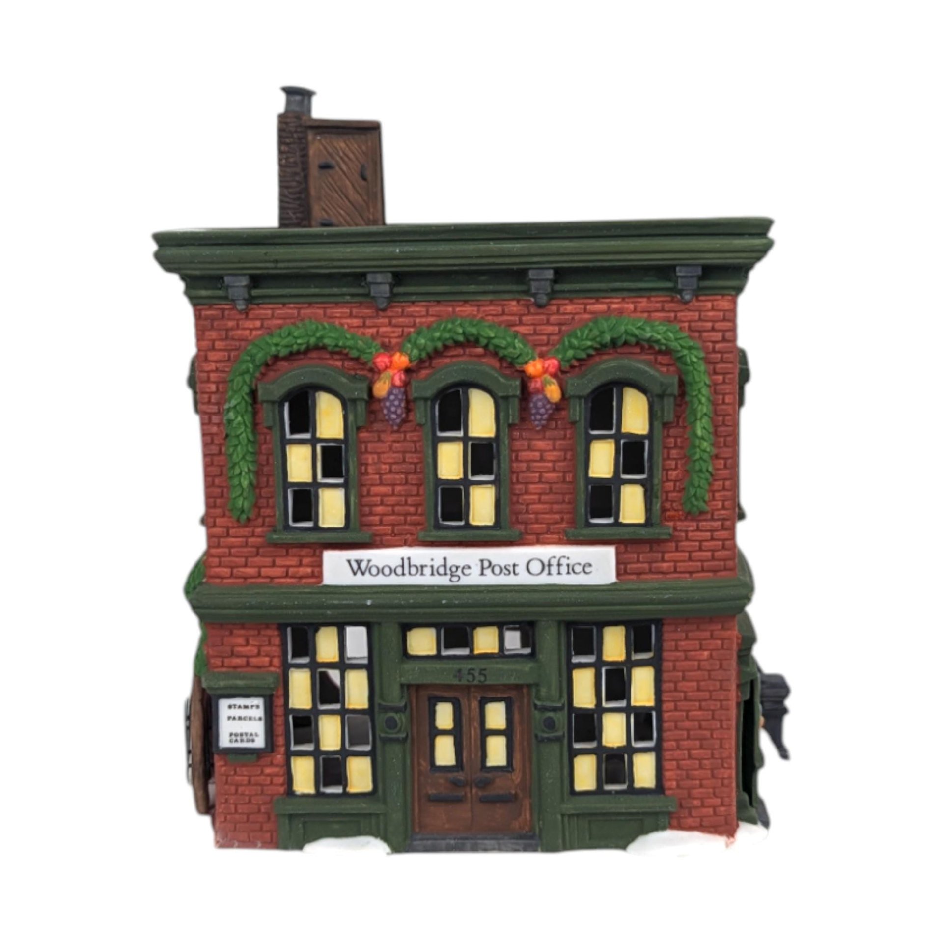 Vintage 1995 Dept 56 Woodbridge Post Office, New England Village Series Lighted Christmas House with Box, D56 Holiday Mantle Decor