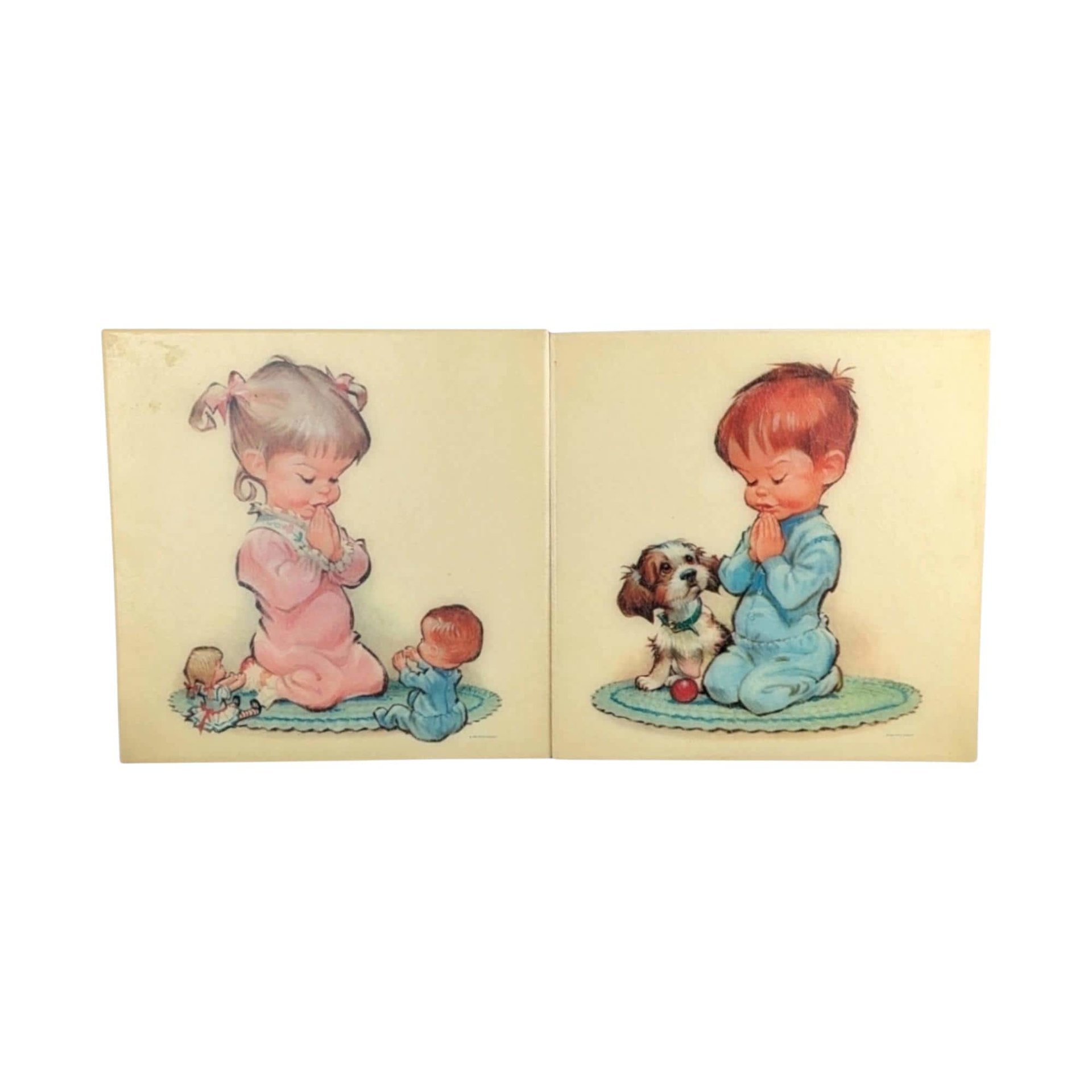 Vintage 1960s Pete Hawley Wall Hanging: Retro Praying Children Bedtime Decor