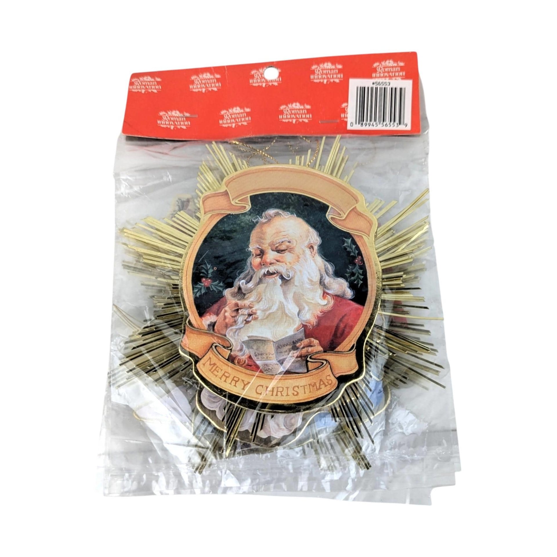 Vintage 1991 Santa Starburst Ornaments: Gold Foil Christmas Decor, Set of 4