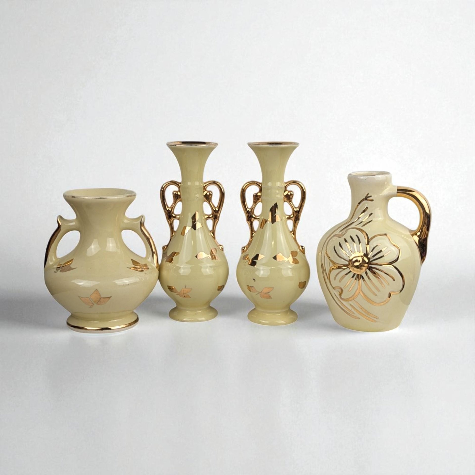 Set of 4 Vintage Yellow Vases: Art Deco & MCM Ceramic Decor with Gold Accents